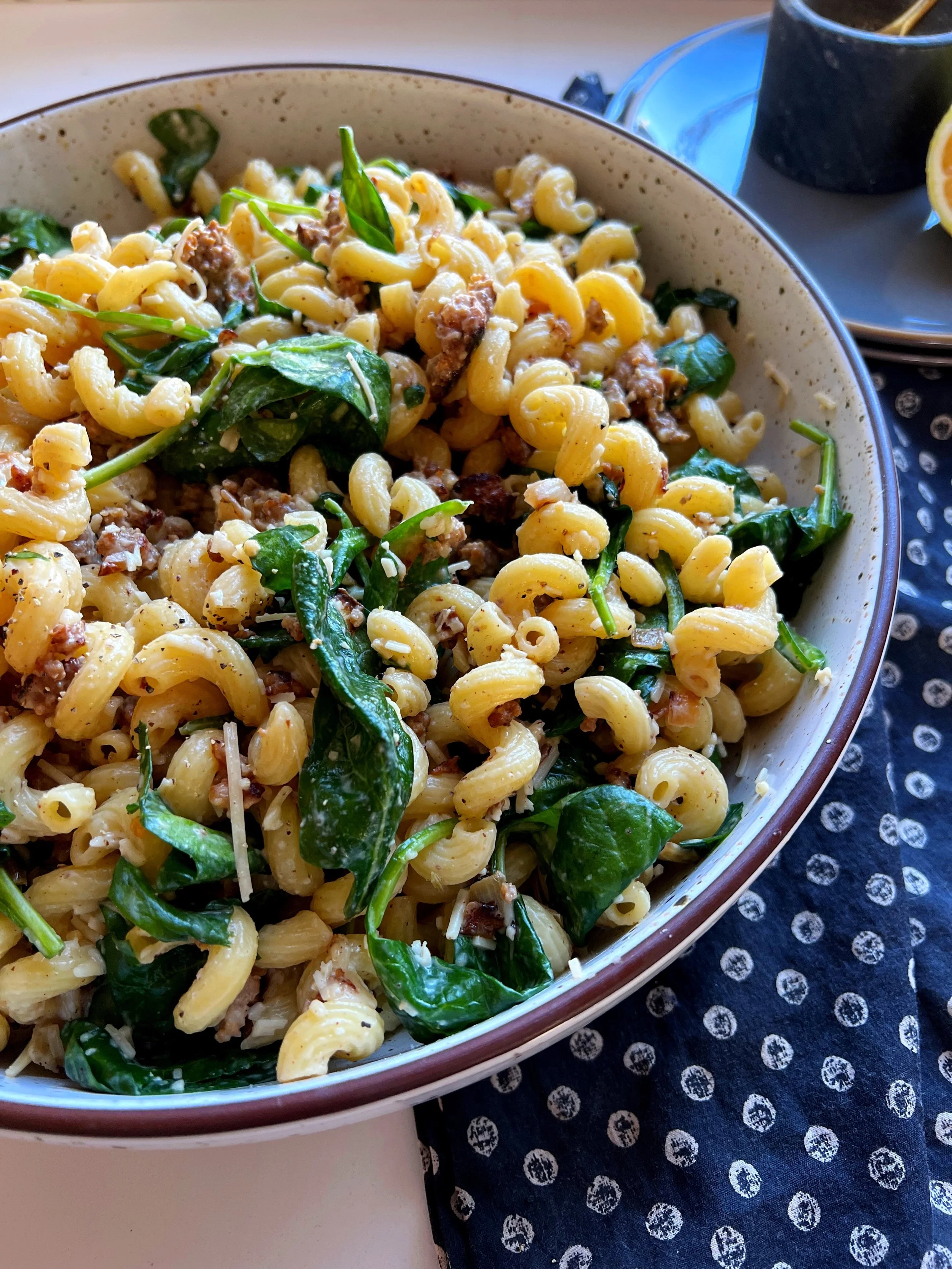 Cavatappi with Spicy Sausage, Spinach and Parmesan