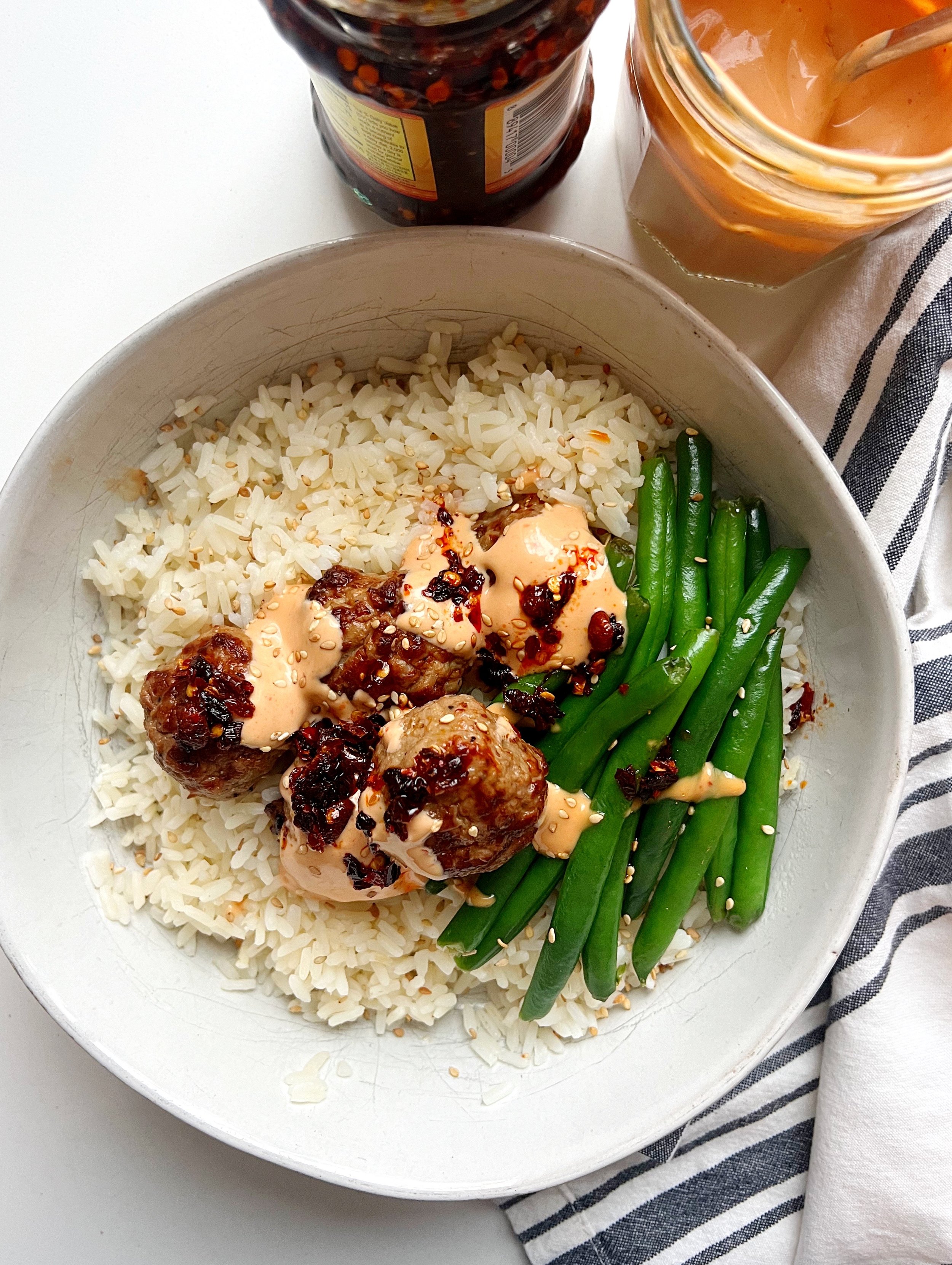 Firecracker Meatballs with Coconut Rice and Green Beans