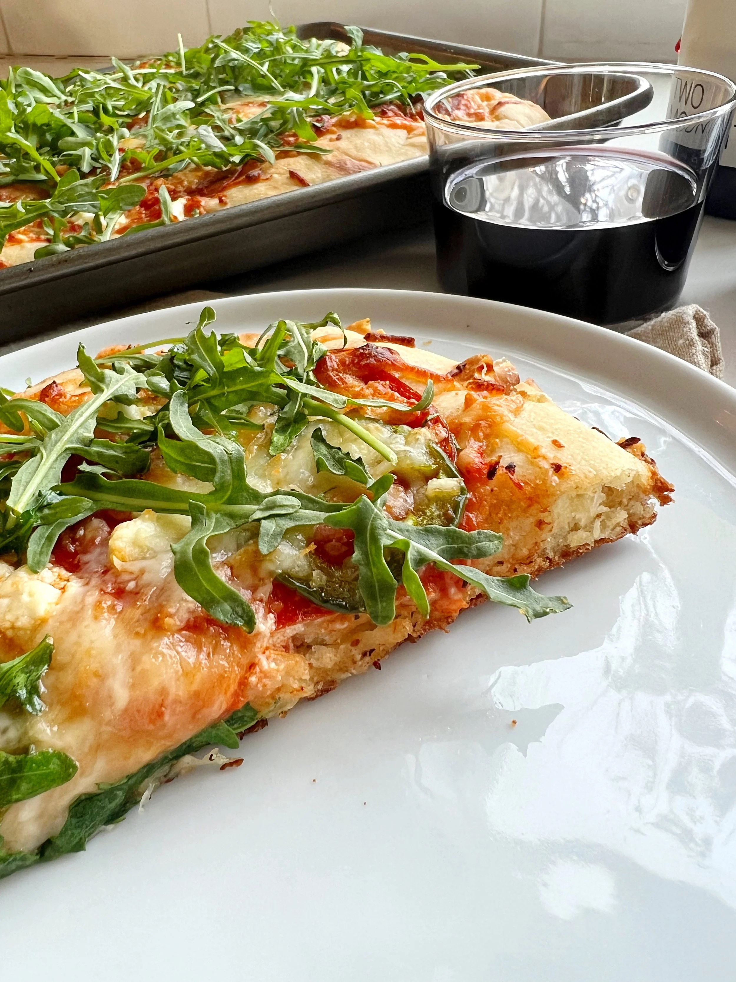 Pepperoni, Goat Cheese, Arugula and Hot Honey Sheet Pan Pizza