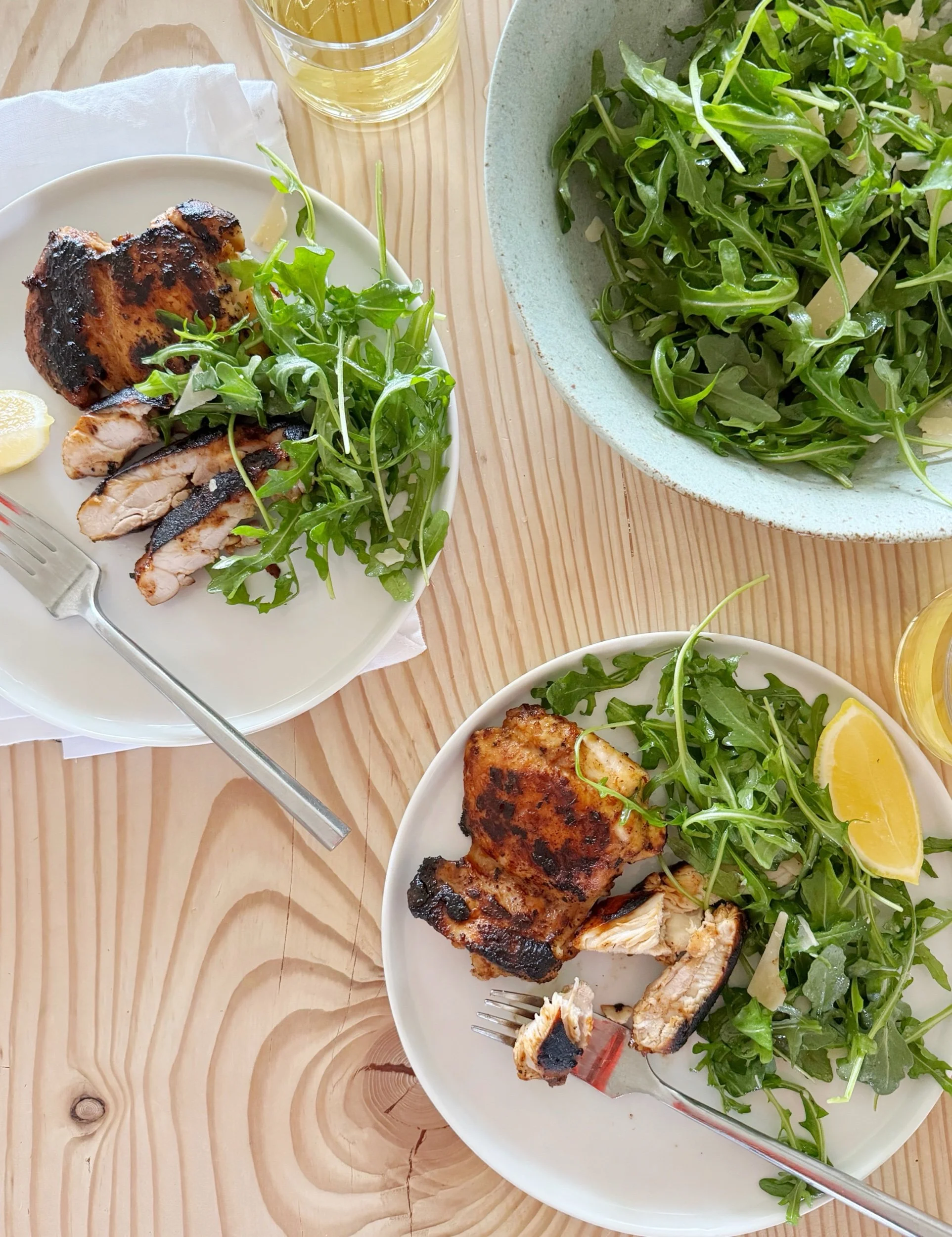 Honey Miso Chicken Thighs and Arugula Salad