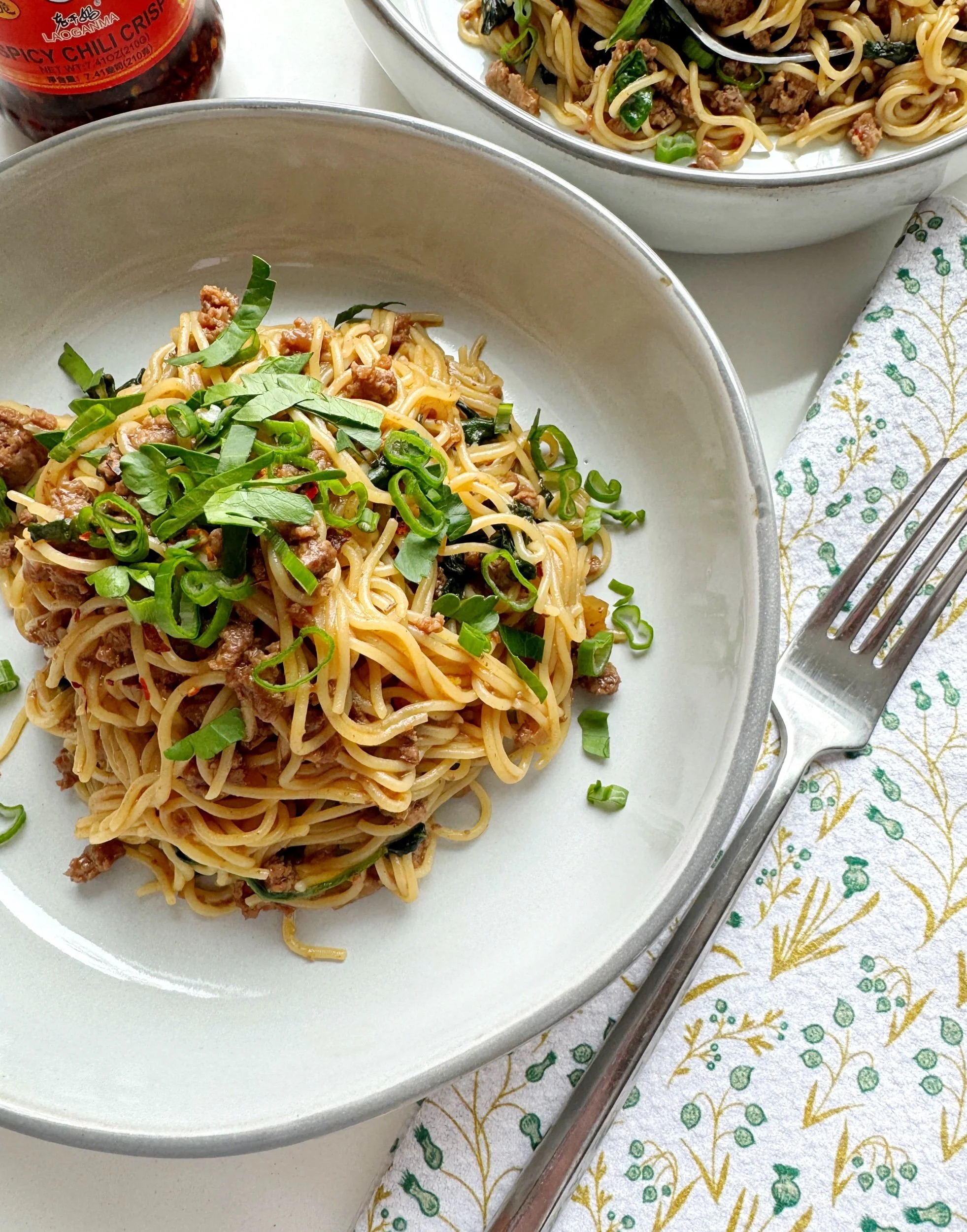 Sesame Ramen Noodles with Ground Beef and Spinach