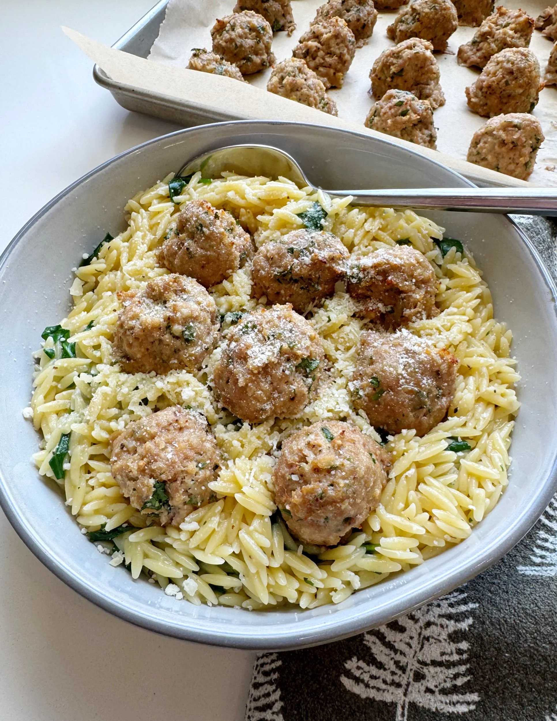 Turkey Ricotta Meatballs with Lemon Parmesan Orzo