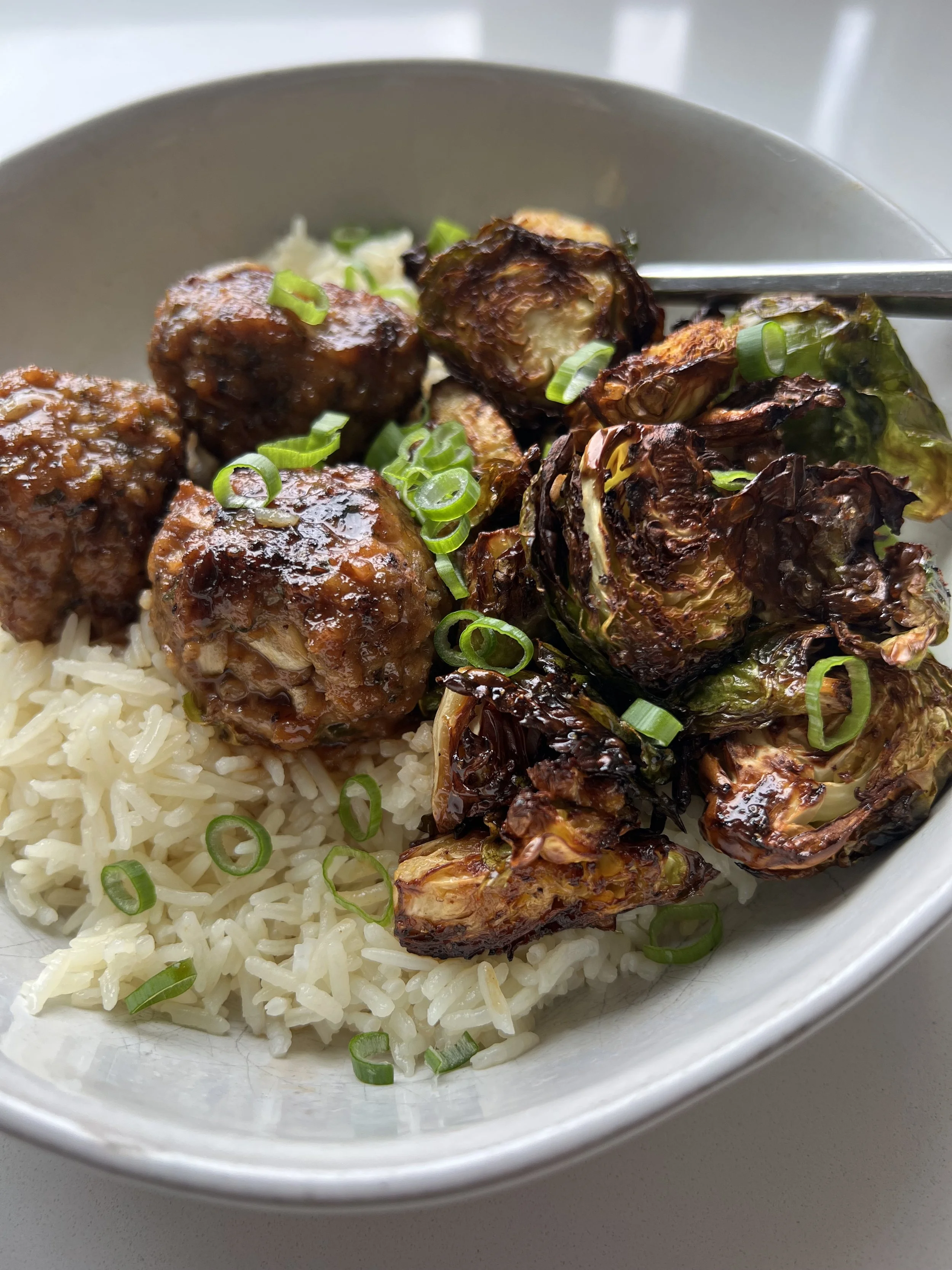Teriyaki Meatballs and Crispy Brussel Sprouts