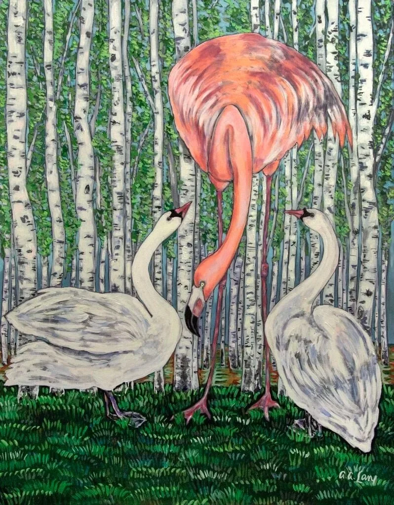 Forest flamingo and Swans