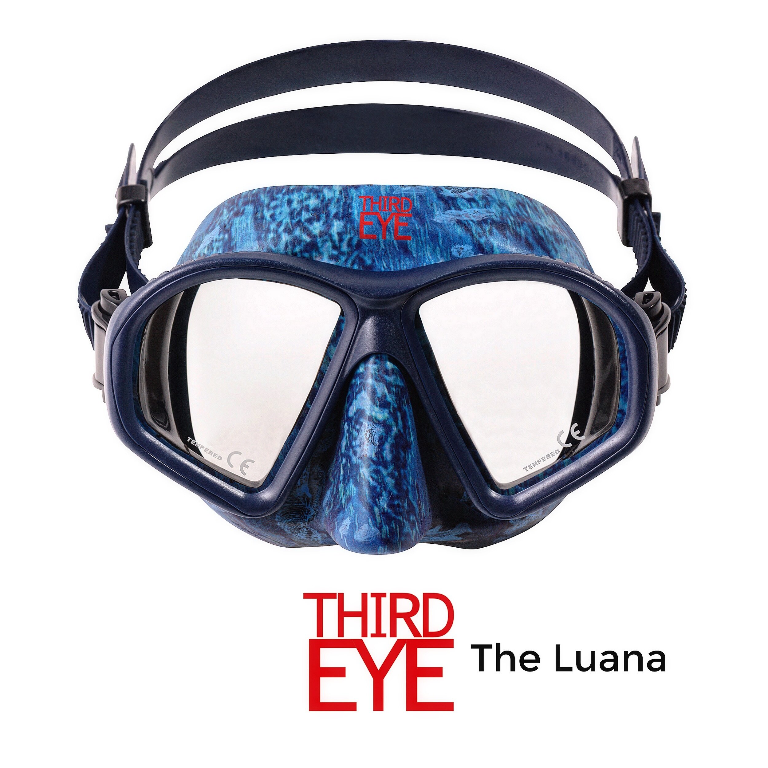 Meet the LUANA, THIRD EYE&rsquo;s low volume dive mask in our signature blue camo color:

&bull; Ultra clear tempered glass with extended downward view
&bull; 100% silicone skirt and strap for maximum comfort
&bull; Supple skirt makes for easy equali