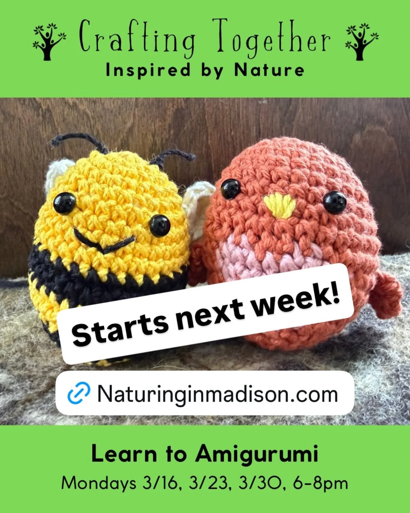 Ever wanted to learn crochet? Now is your chance! Starts next week Monday 3/16. In this 3 class session we will learn basic beginner stitches and pattern reading to create a small amigurumi animal plus the skills to continue learning crochet beyond t