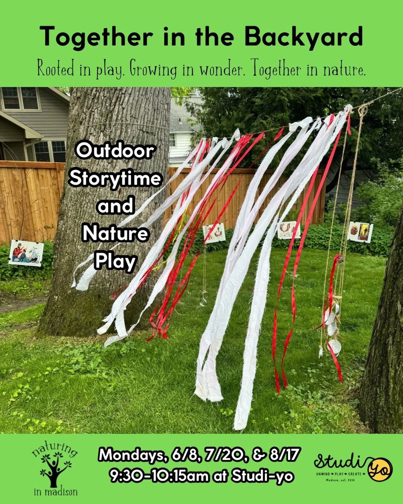 New program offering: Together in the Backyard! A revisioning of our popular Together in the Park class to fit a smaller, more intimate backyard space at Studi-Yo! 

Our first class is this coming Monday, June 8 at 9:30. Learn more and register at: h