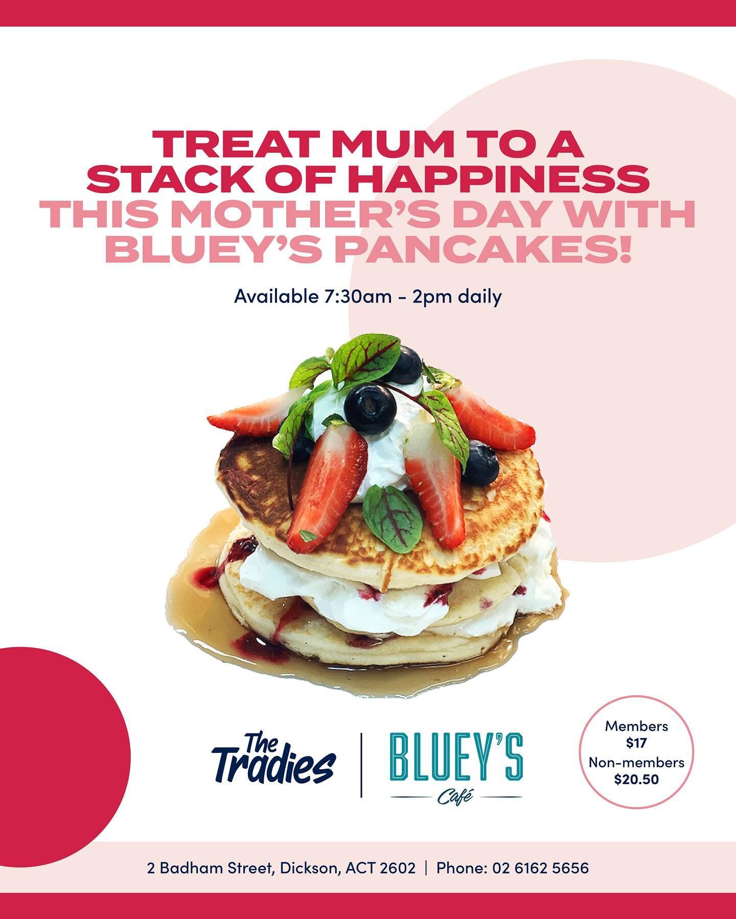 Make Mum's day extra special this 𝗠𝗼𝘁𝗵𝗲𝗿'𝘀 𝗗𝗮𝘆 with a stack of happiness from Bluey's 😊

Our fluffy, delicious pancakes are 𝗺𝗮𝗱𝗲 𝘄𝗶𝘁𝗵 𝗹𝗼𝘃𝗲 𝗮𝗻𝗱 𝘀𝗲𝗿𝘃𝗲𝗱 𝘄𝗶𝘁𝗵 𝗷𝗼𝘆, so you can treat your mum to a breakfast she won't 