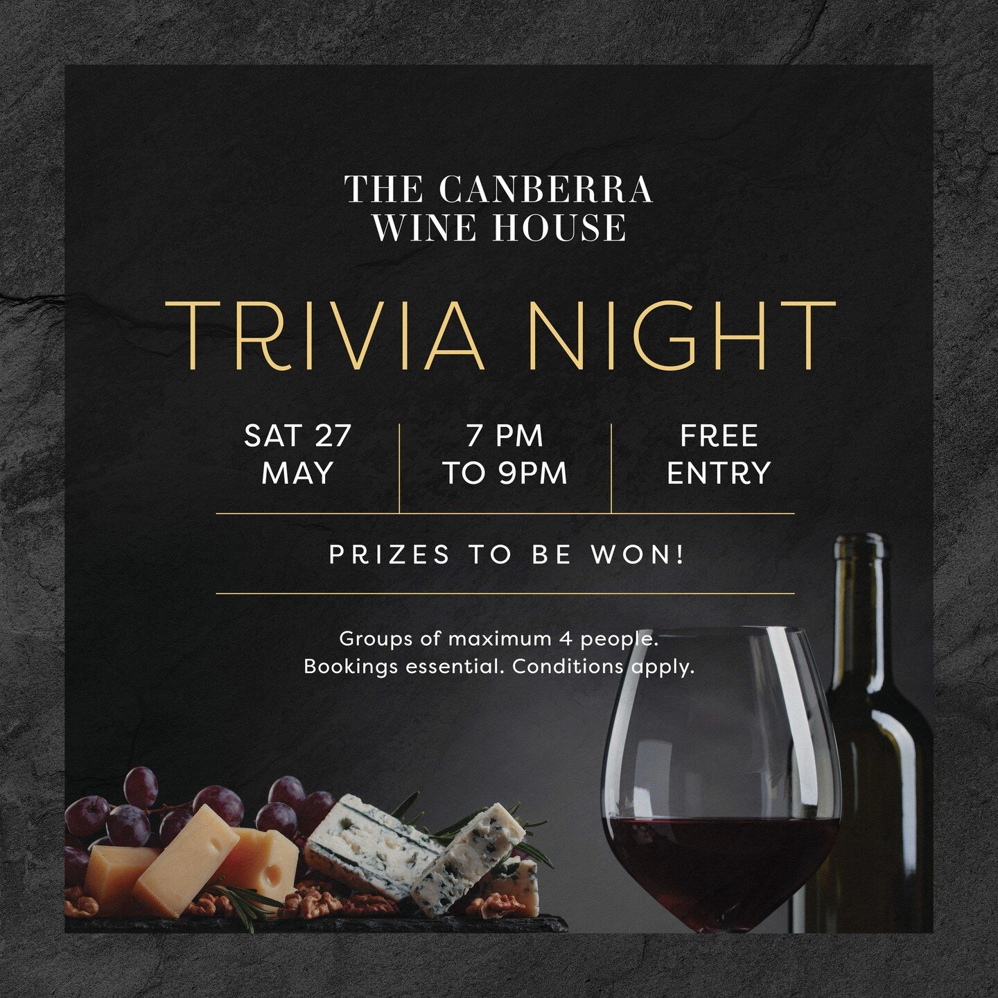 🍷🎉 Get ready for an unforgettable evening of brain-teasing fun and fabulous wine at The Canberra Wine House! 🍷🎉

🎉 Join us on Saturday, 27 May for an EPIC Trivia Night that will blow your mind! 🎉

🧠💡 Put on your thinking caps and gather your 