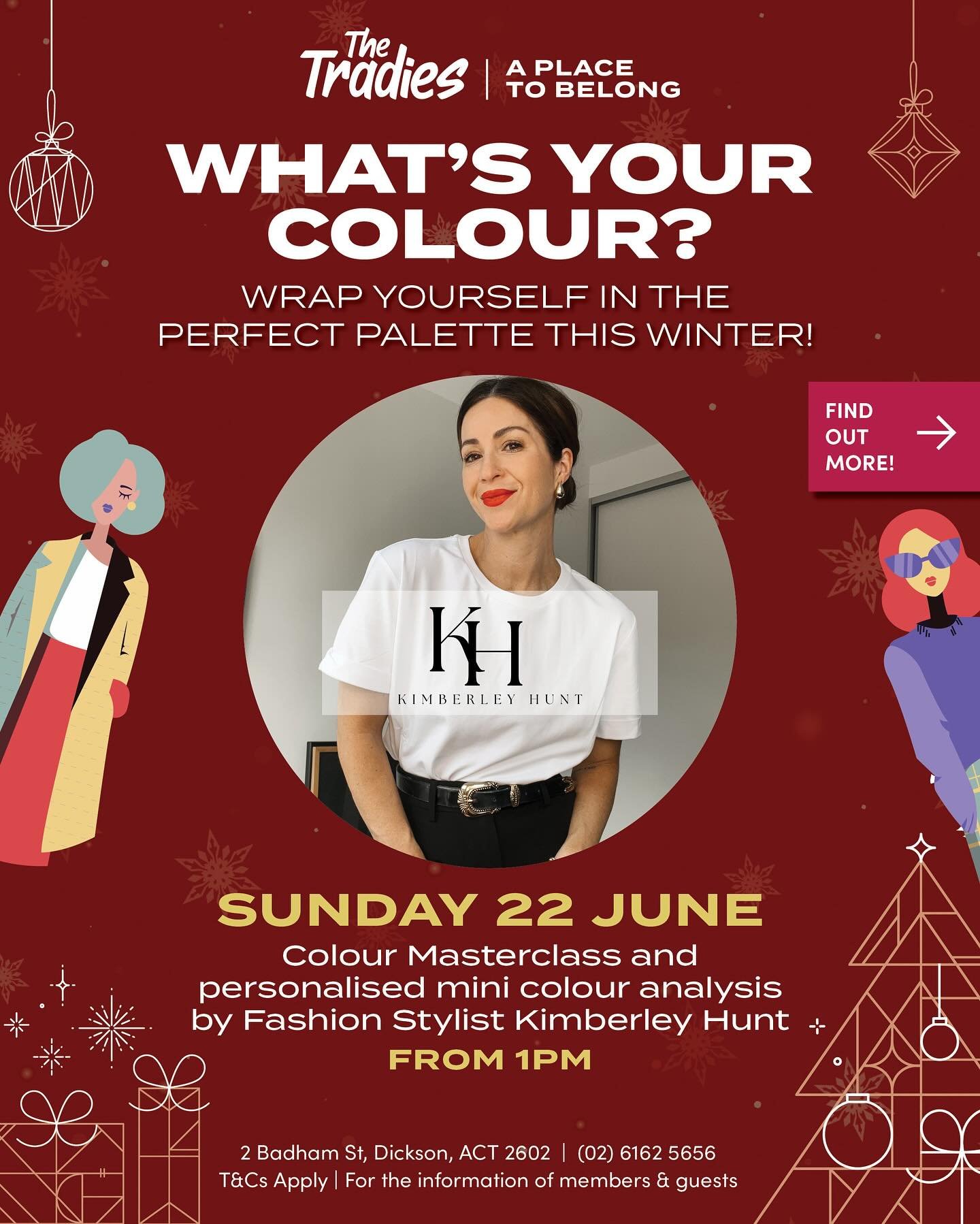 Not sure what colours suit you best? 

Let Canberra fashion stylist Kimberley Hunt help you find your perfect palette!

Join us on Sunday 22 June for a Colour Masterclass and one-on-one colour consult designed to make your wardrobe work for you.

💫 