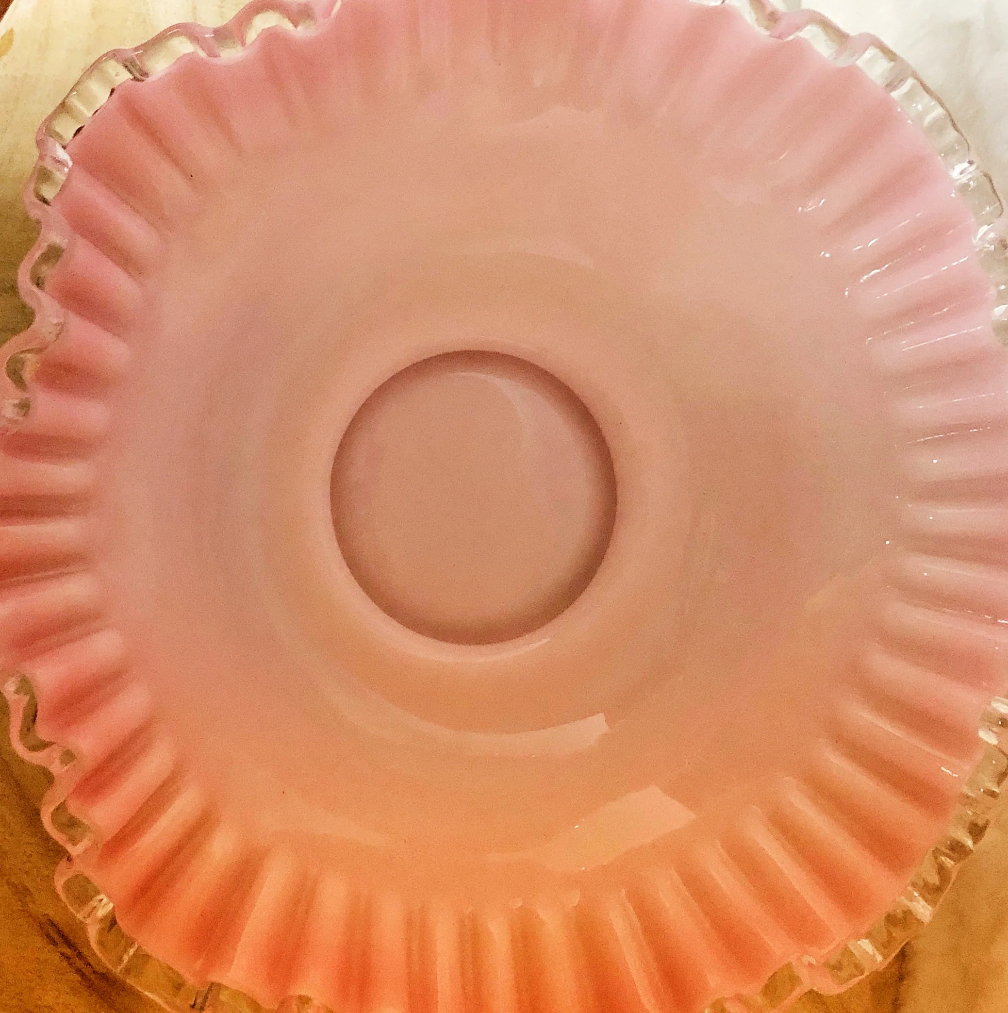 Fenton Pink Silver Crest Ruffled Edge Milk Glass Bowl — Keene Sense