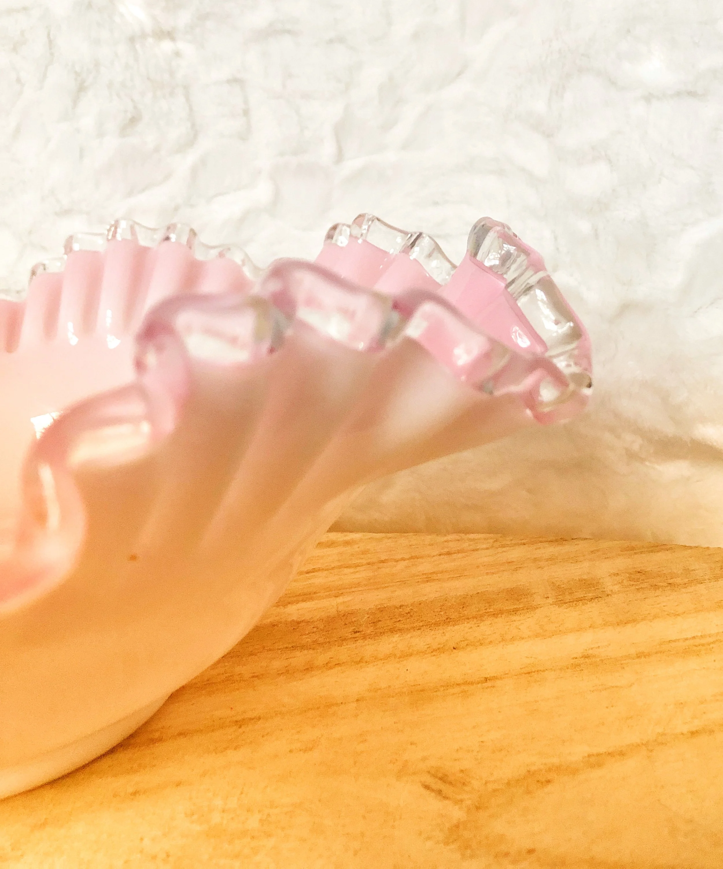 Fenton Pink Silver Crest Ruffled Edge Milk Glass Bowl