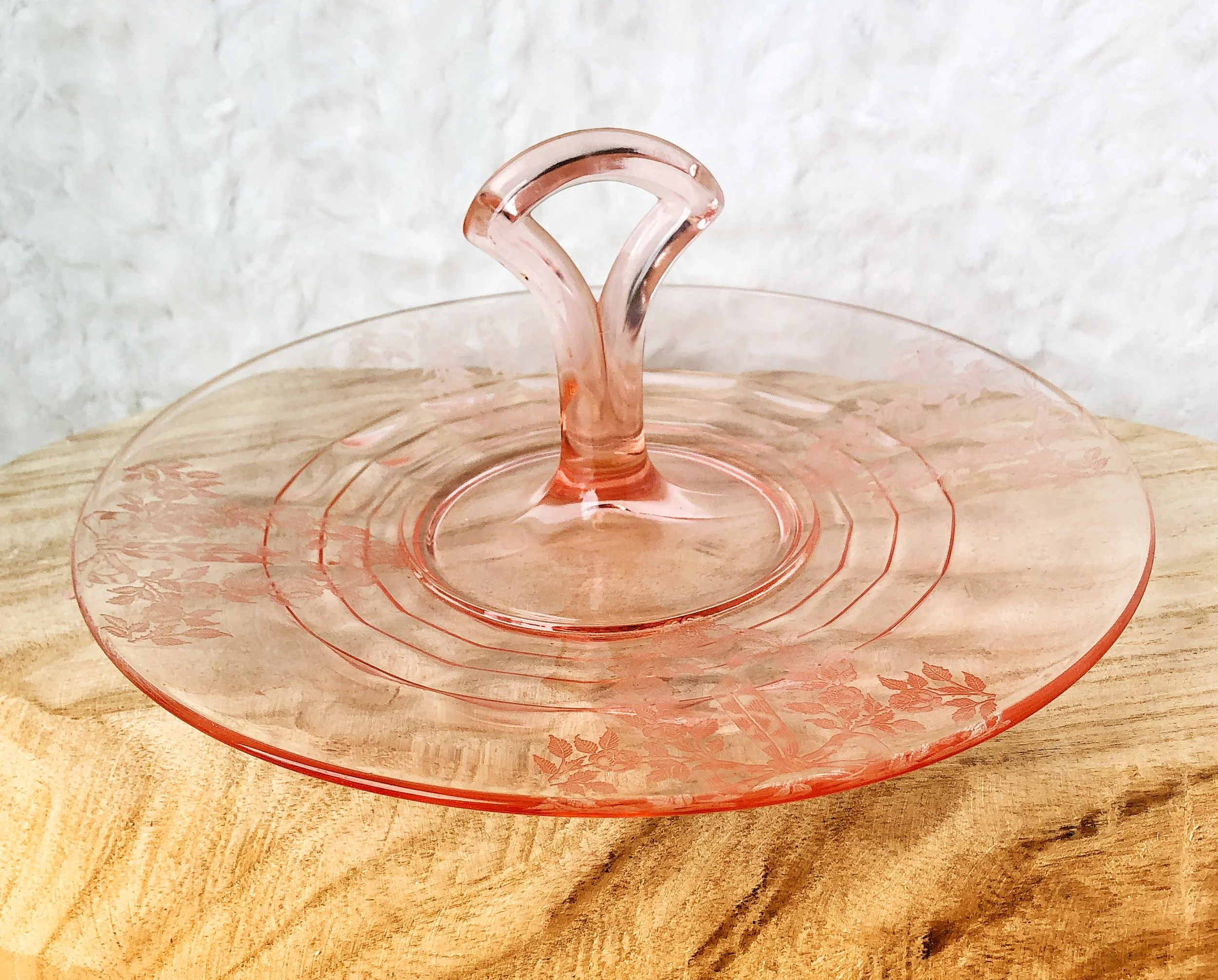 Pink Depression Glass Serving Plate - Rose &amp; Bow Pattern