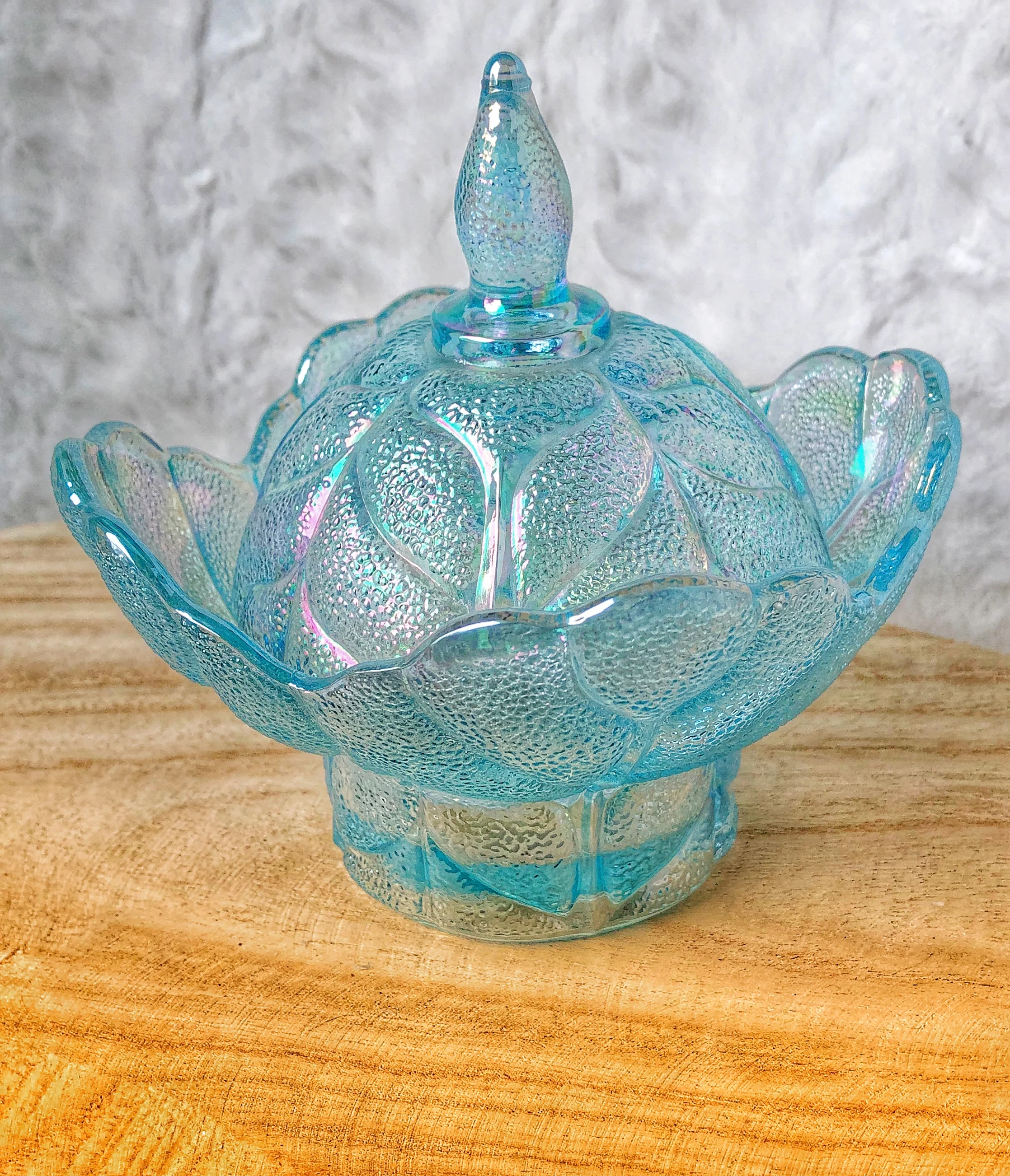 L.E. Smith Light Blue Iridescent Carnival Glass bowl with Lid