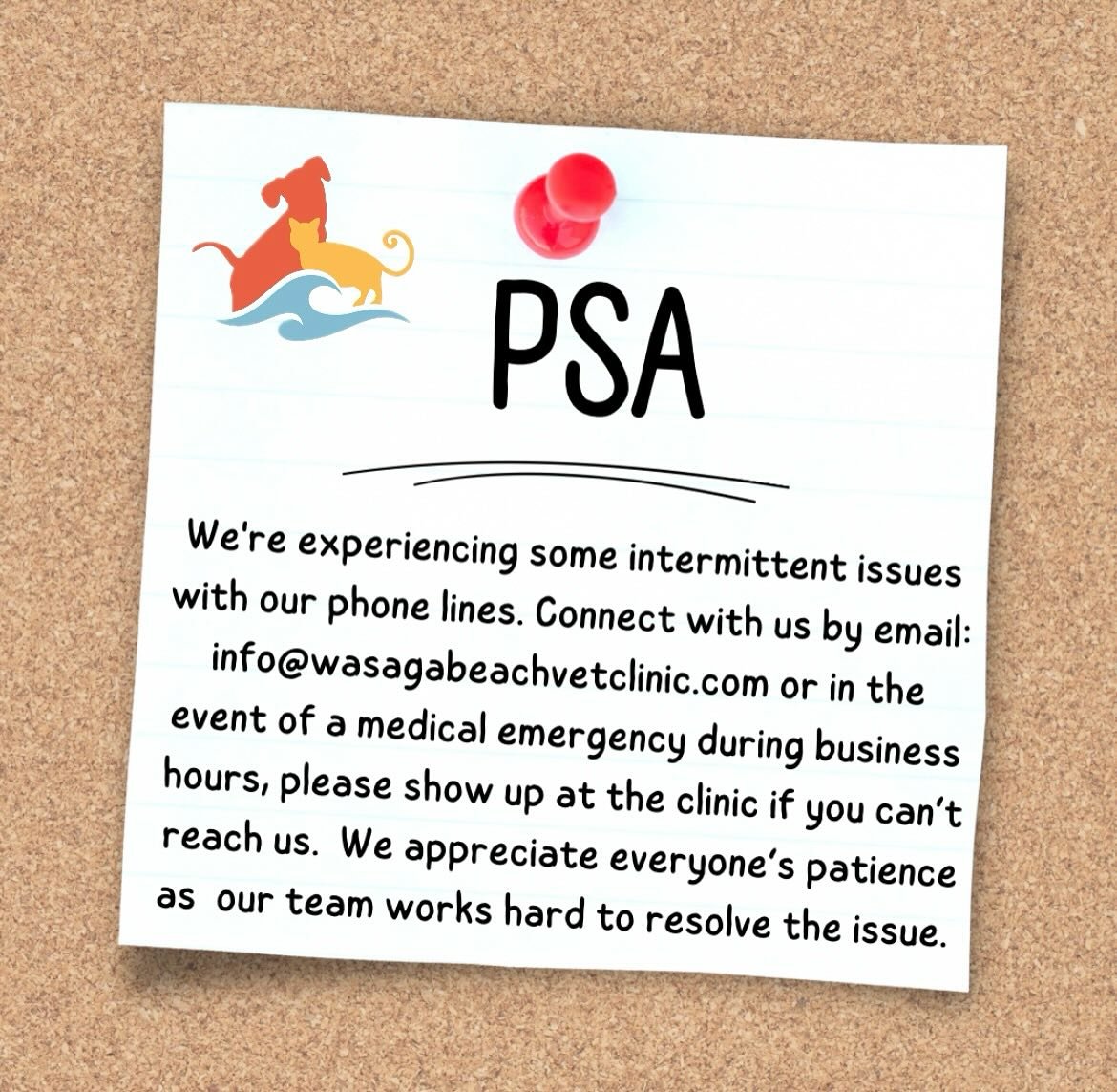 PSA! We&rsquo;re experiencing some intermittent issues with our phone lines. Connect with us by email: info@wasagabeachvetclinic.com or in the event of a medical emergency during business hours, please show up at the clinic if you can&rsquo;t reach u