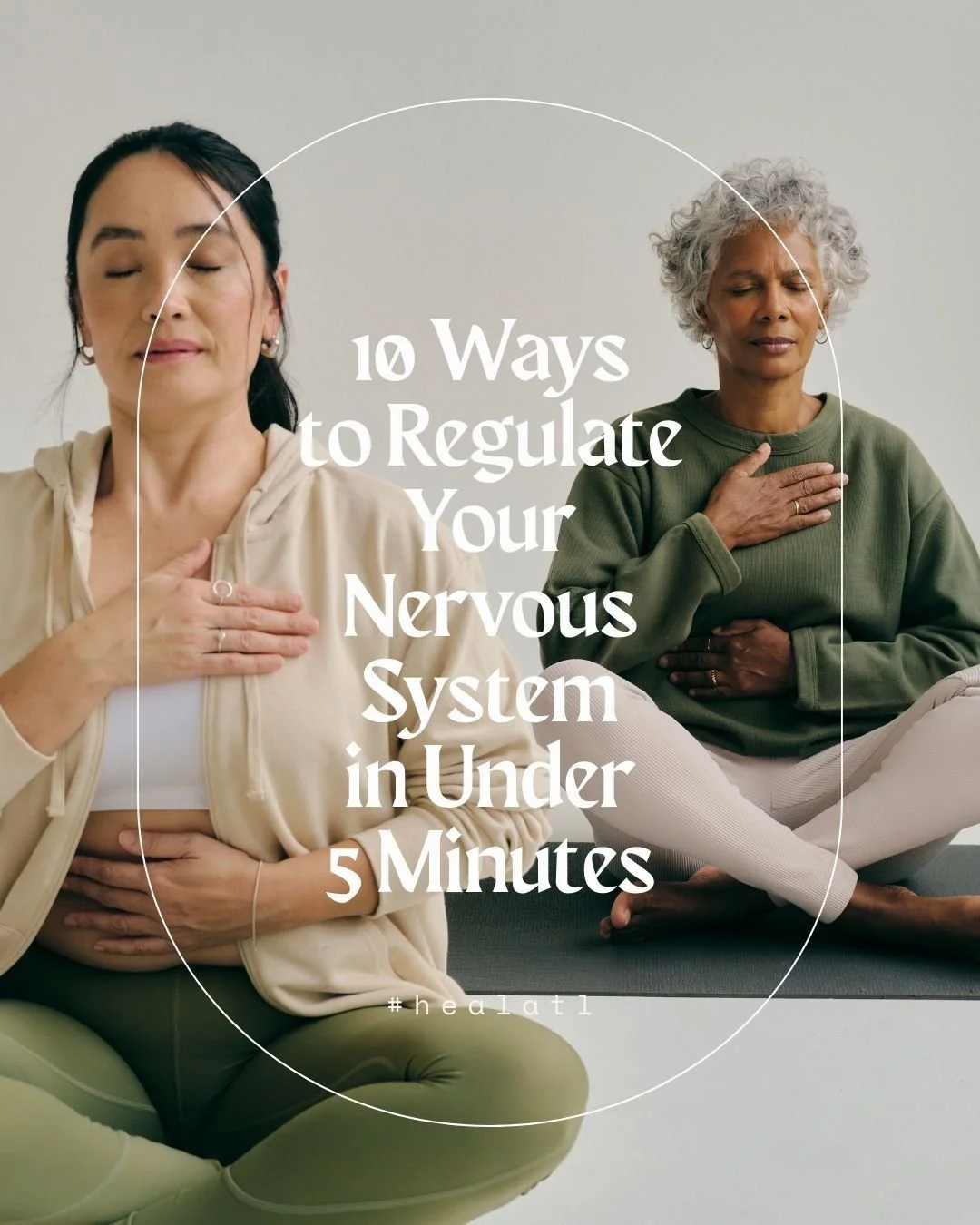 10 ways to regulate your nervous system in under 5 minutes

1. Take 6 slow exhales, making your out-breath longer
2. Place one hand on your chest, one on your belly
3. Drop your shoulders and unclench your jaw
4. Name 3 things you can see, 2 you can 