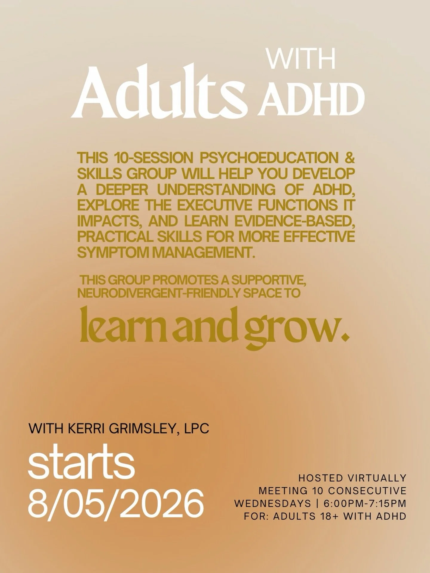 Our ADHD Adult Group &mdash; one of our most popular, highly sought-after groups &mdash; is starting up again!

If you&rsquo;ve ever:
➡️ Felt frustrated by your ADHD symptoms
➡️ Had 47 ideas before breakfast
➡️ Started 3 projects at once (and finishe
