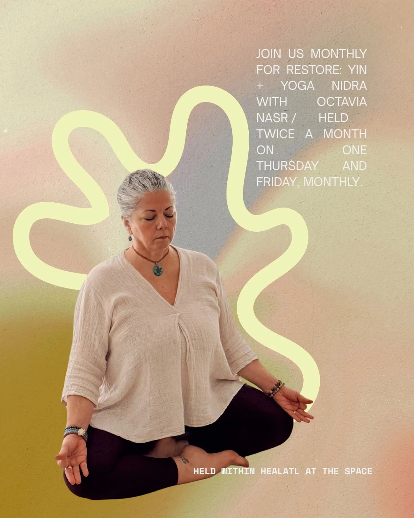 Meet Octavia + RESTORE ✨

An invitation to slow down, soften, and let your nervous system experience what it feels like to truly rest.

Facilitated by Octavia Nasr, our class, RESTORE, blends Yin Yoga + Yoga Nidra into a deeply restorative mind-body 