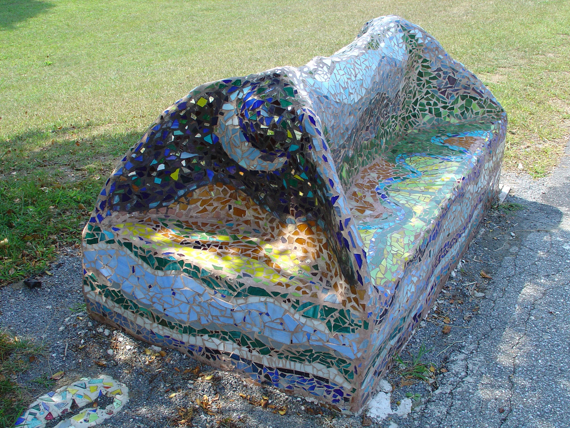 7 x 4 x 4’ Pine Ridge School, Williston, Vermont. cement, glass mosaic. Designed and built with students from the former Pine Ridge School.