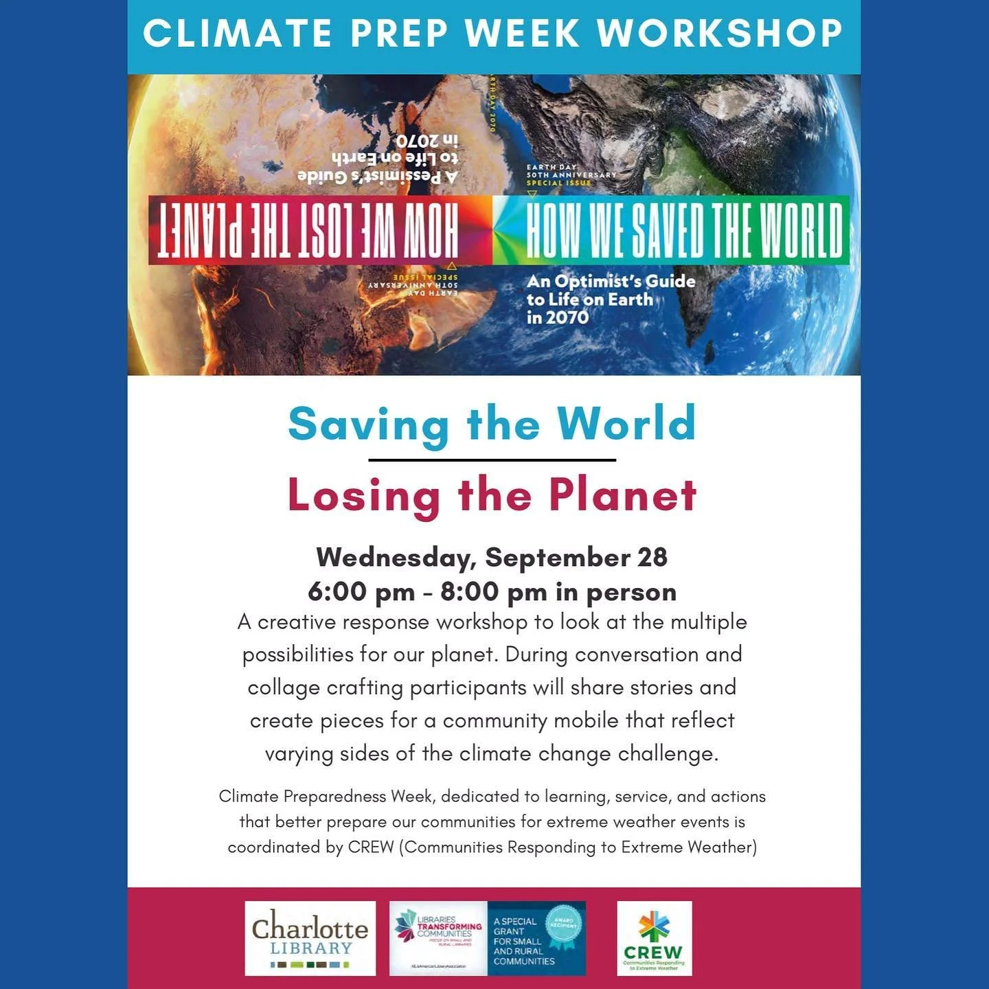 🎨Creative Response Workshop this Wednesday ~ ~ Sign up on Charlotte PublicLibrary.org 🖌
🌎Saving the World: Losing the Planet. Gather to find & share stories, & create with collage about the many sides of climate change in a comfortable co