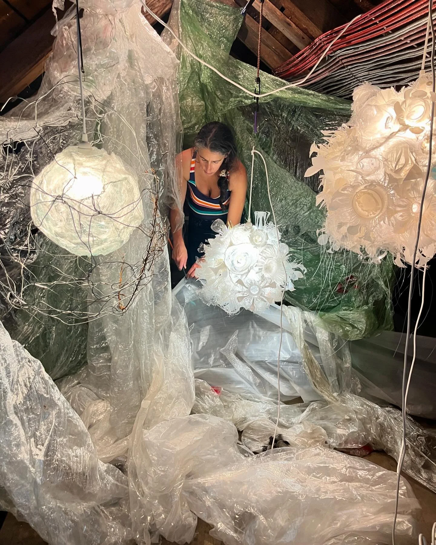 Behind the scenes installation in progress- what goes up must come down. See the installation before it comes down on 10/6. And, 
🗯️
Inspired: Artist Presentations Tonight!  Hear from many artists in a Pecha Kucha like set of mini talks 6:30 PM, Ma