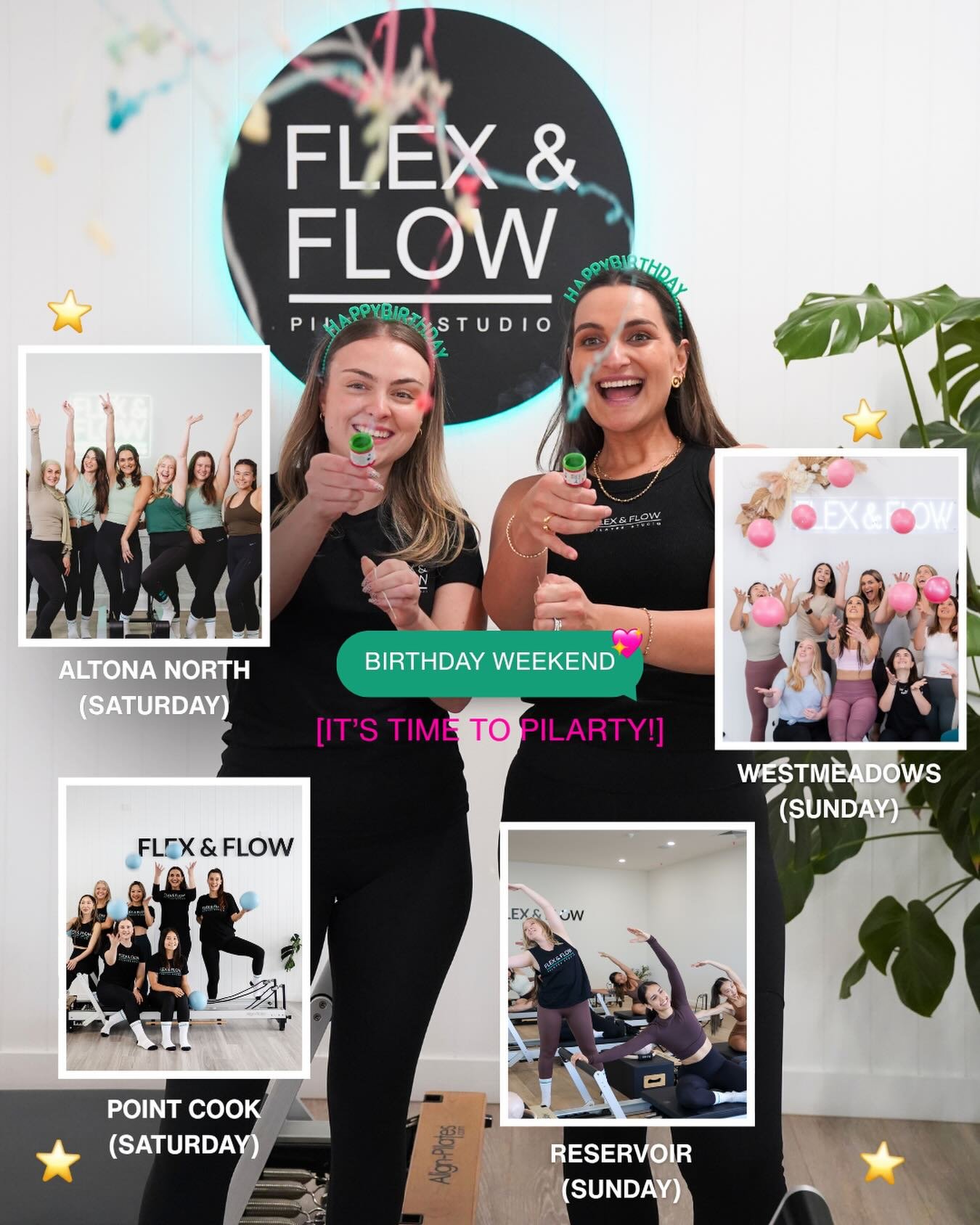 it&rsquo;s PILARTY weekend across our Flex &amp; Flow Pilates Studios 🎉🥳🎂🎁 we can&rsquo;t wait to see you in the studios this weekend for giveaways, treats and birthday Pilates vibes! 🤸🏾&zwj;♀️

$15 birthday classes are available until the end 