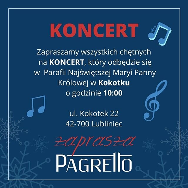 Dzień dobry! 😊⁠
Serdecznie chcielibyśmy zaprosić wszystkich chętnych na nasz ❗️KONCERT🎤🎸🎸❗️, kt&oacute;ry odbędzie się JUTRO (12.01.2020) w Parafii Najświętszej Maryi Panny Kr&oacute;lowej w KOKOTKU. ‼️‼️⁠
Zapraszamy Was na mszę na godzinę 10:00.