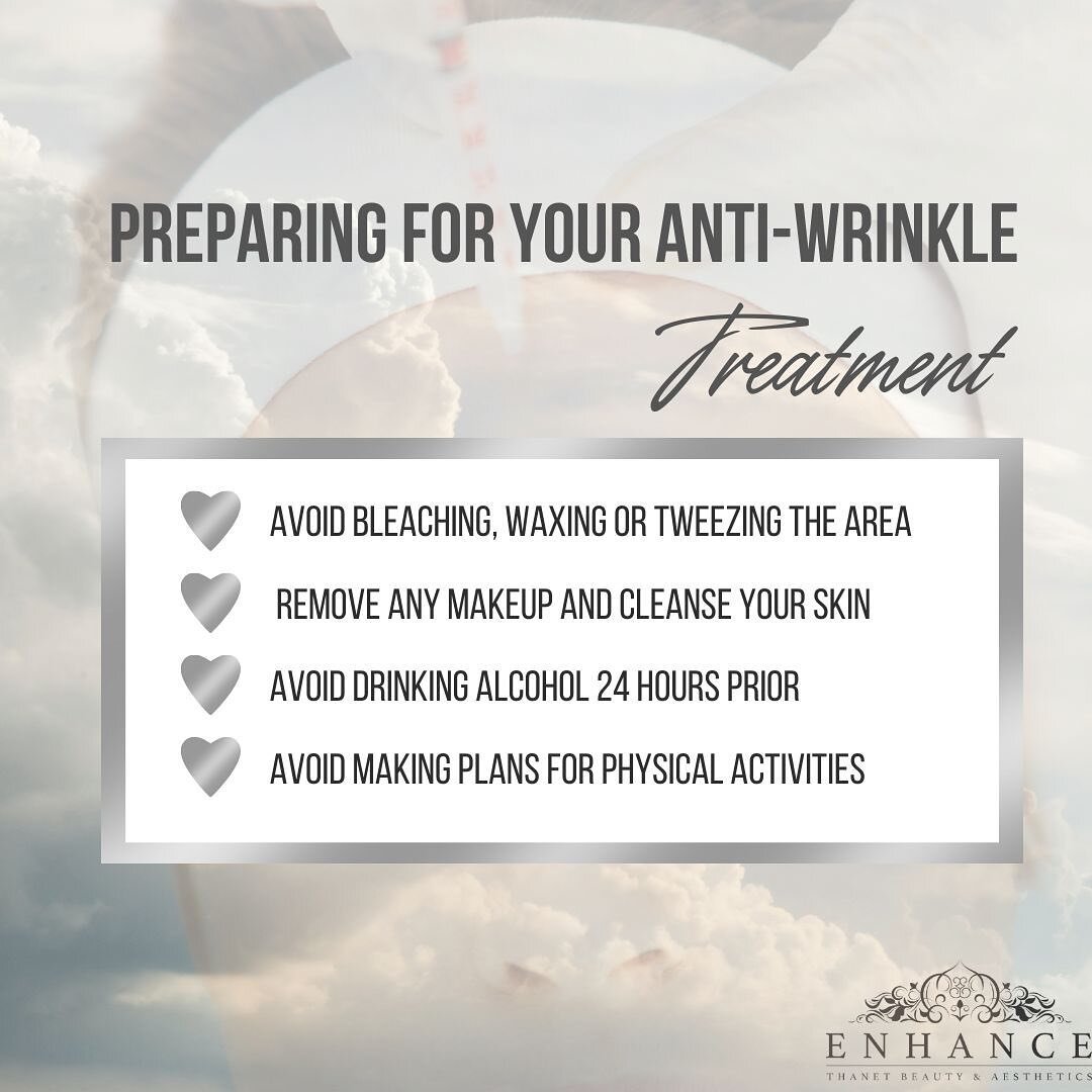 Anti-wrinkle prep ⬆️

Anti-Wrinkle injections are a simple, safe and effective way to improve fine lines and deep wrinkles of the face. 😍

They work to relax facial muscles making lines and wrinkles, such as worry lines, crow's feet and frown lines,