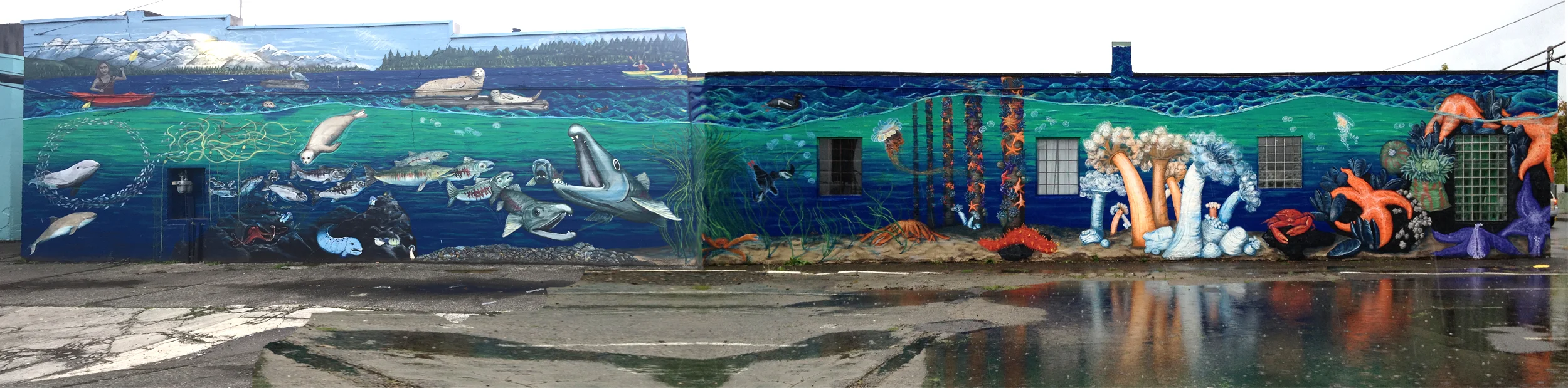 The full Estuarium Mural on the side of the Puget Sound Estuarium building.