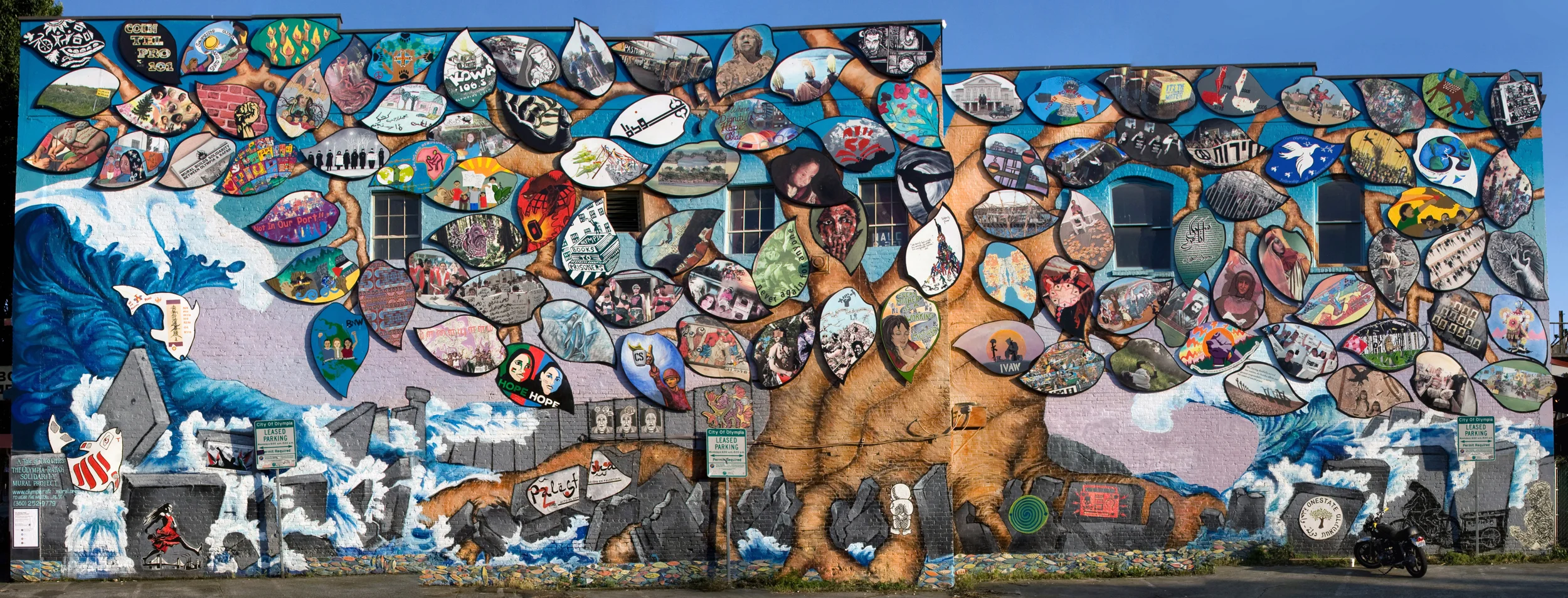 The completed Olympia-Rafah Mural Project, with art from contributors around the world.