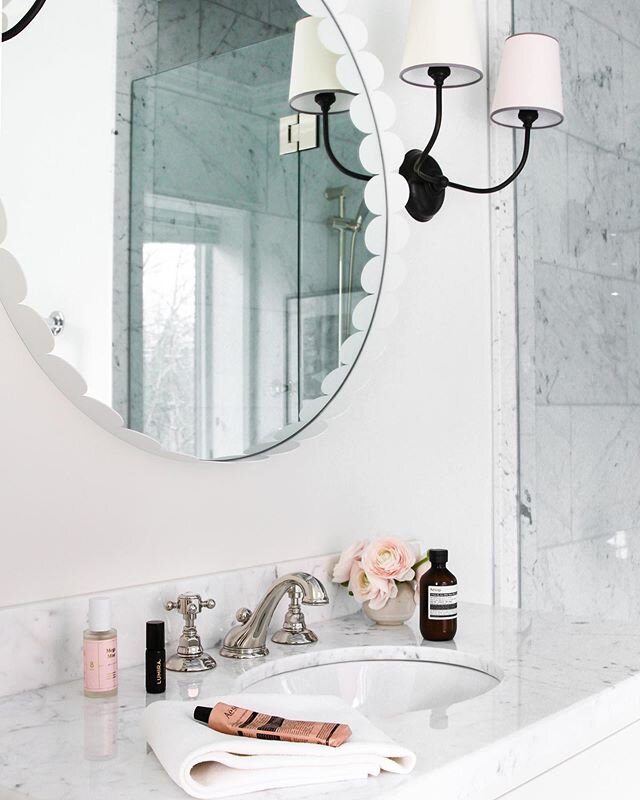 F R E S H  S T A R T // Beginning the week by taking a look at this beautiful bathroom we created for a client's daughter. We loved mixing a hit of black into our classic light and bright palette- unexpected and a real visual strike - this is the per