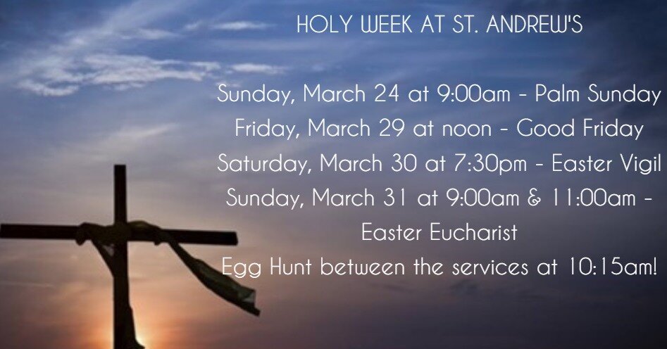 Join us for Holy Week, beginning this weekend with Palm Sunday at 9:00am.

#yardleypa #standrewsyardley #standrewsbythelake #episcopal #diopa #diopalove #easter #palmsunday #goodfriday #eastervigil #visitbuckscounty #allarewelcome
