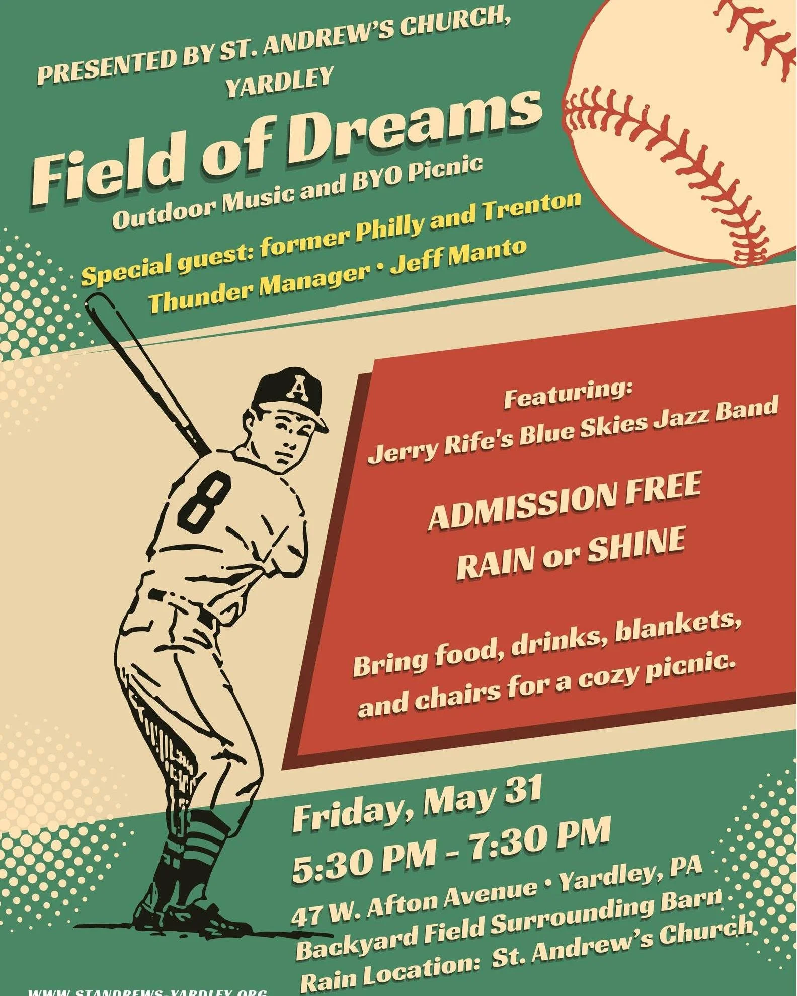 Coming this Friday, May 31: Field of Dreams! An outdoor music and performance event featuring Jerry Rife's Blue Skies Jazz Band and former @phillies player and current @trentonthunder manager Jeff Manto! Bring your chairs, blankets, picnics, and snac