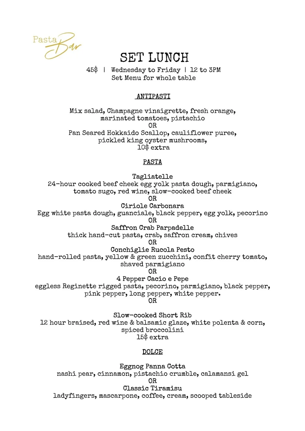 SET LUNCH MENU — PASTA BAR FRESH, HANDMADE DAILY