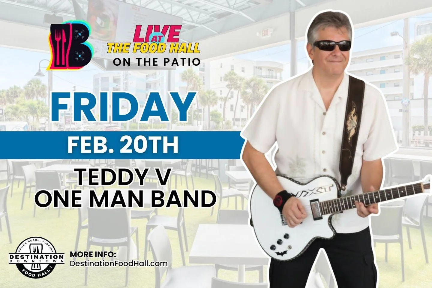 Kick off your weekend with great food and live music at Destination Downtown Food Hall! 

Join us Friday, Feb. 20 for Teddy V &bull; Live Music Friday Fest from 6:00 PM to 9:00 PM! Teddy V is the fullest guitarist, vocalist, and entertainer you&rsquo