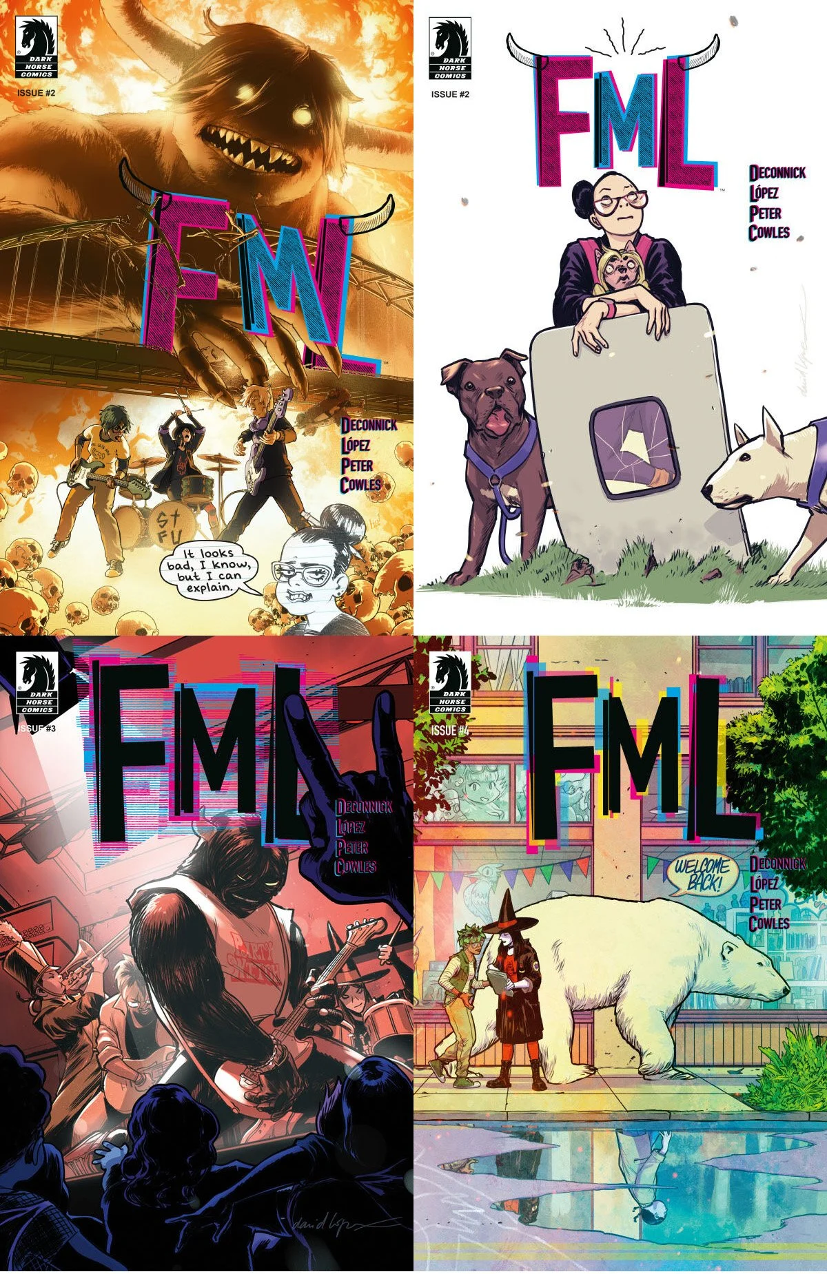 Single issues of FML, with various logo treatments