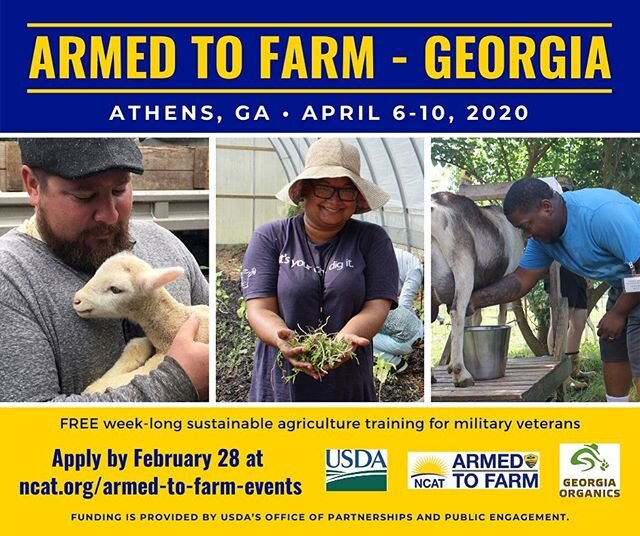 NCAT is bringing its renowned Armed to Farm Training to Athens in May. The week-long workshop is for veterans and their spouses in the Southeast. Applications are due on February 28. Visit ncat.org/armed-to-farm-events or the TAG website for more inf