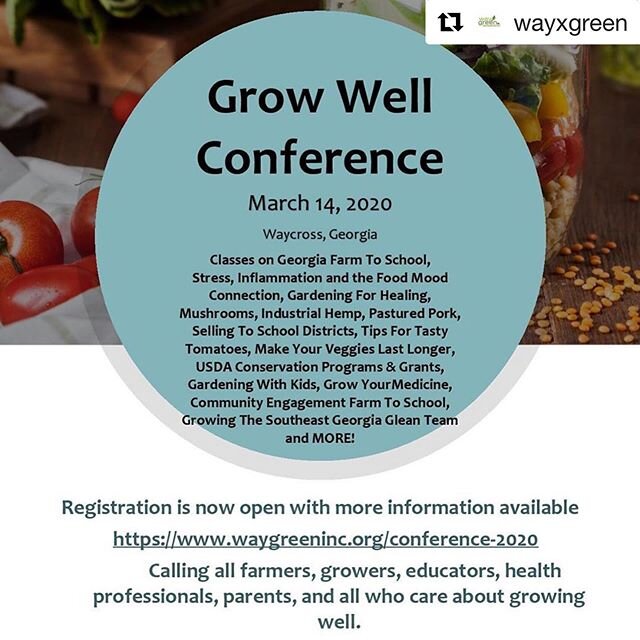 For all the folks in Southeast Georgia, this is a fantastic opportunity to learn about ways to support and improve your local food system. Repost @wayxgreen with @get_repost
・・・
Registration is now open for our conference March 14. Great topics with 