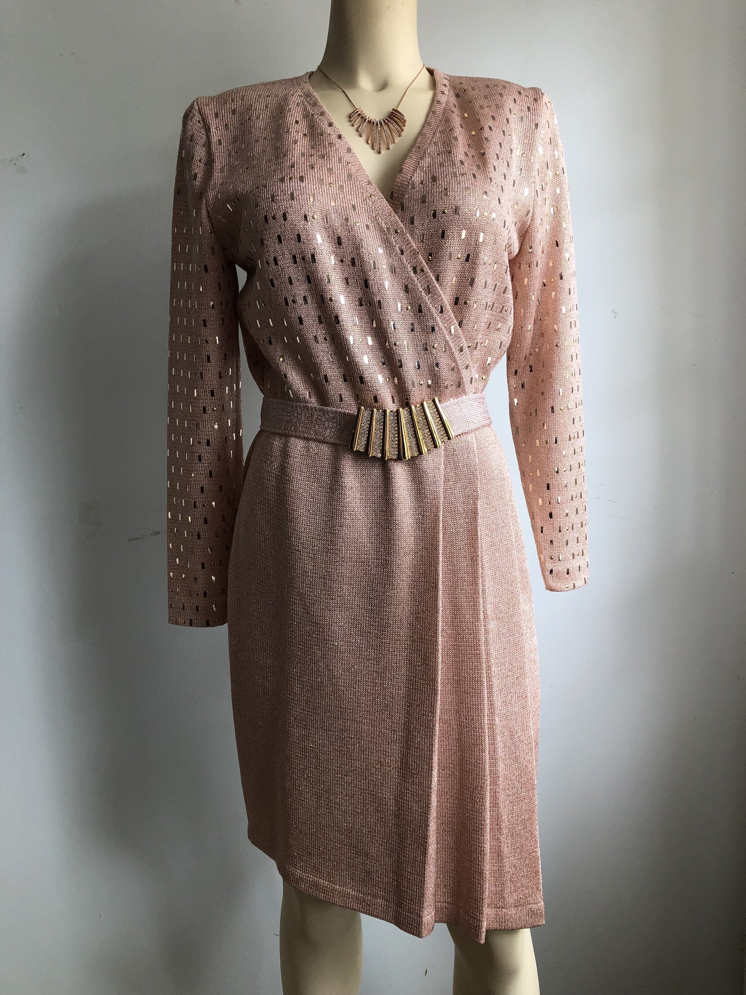 St. John Vintage Blush Pink Belted Dress Gold Detail