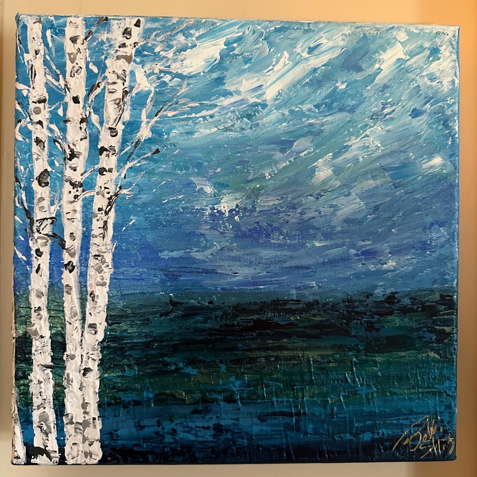 New art for the cabins: &ldquo;Superior Views&rdquo; pallet knife painting by Bobbi Shirey. manninenscabins.com #bobbishirey #bobbishirey_artist #supportlocalartists #upperpeninsulaartist #otterlakelife #manninenscabins