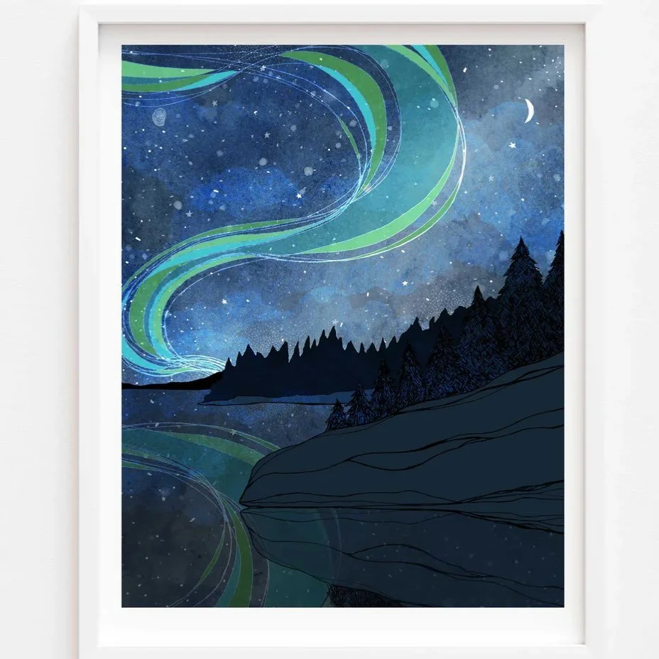 New Northern Lights art for the cabins by Michigan-based artist Nicole Ray (@sloe_gin_fizz). manninenscabins.com #sloeginfizz #northernlightsart #auroraborealisart #otterlakelife #manninenscabins