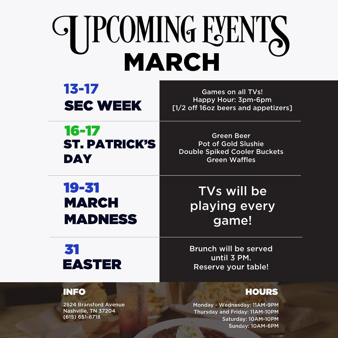 Just some events happening this March at Big Machine Distillery &amp; Tavern! ❤️

We are going to start posting our events &amp; things happening the first week of each month to keep our fans in the loop! 😄

We hope you are as excited as we are! ☘️?