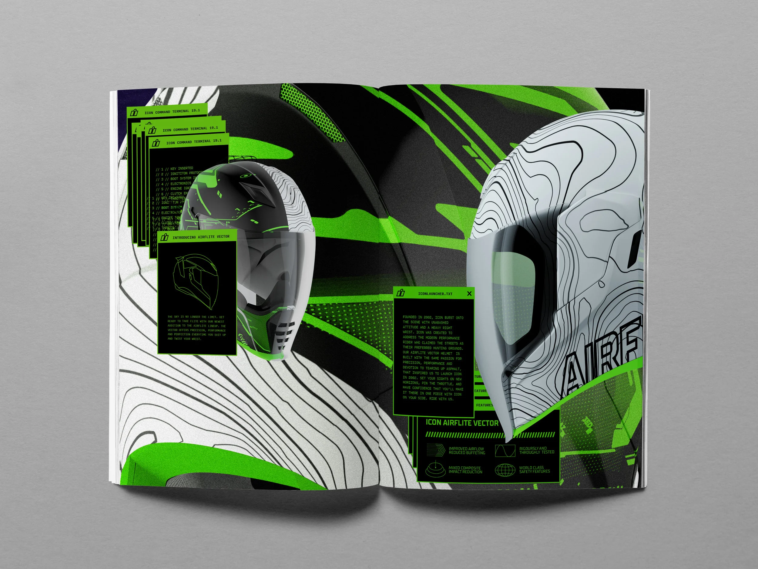 Icon Motorsports Catalog Spread for irflite Helmet