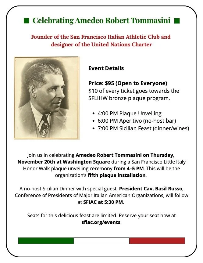 The @sflihw will honor @sfitalianathleticclub founder Amedeo Tommasini on November20 followed by a special dinner.  Please join us.