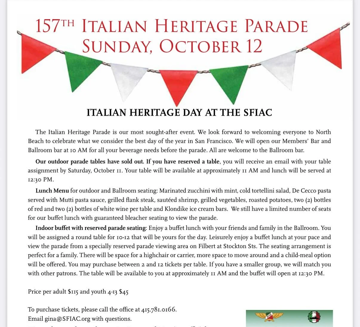 We have one table available for the buffet with bleacher seating.  Full details here.  Call 415.781.0166.  Not available online. 🇮🇹🇮🇹🇮🇹🇮🇹🇮🇹 @sfitalianathleticclub