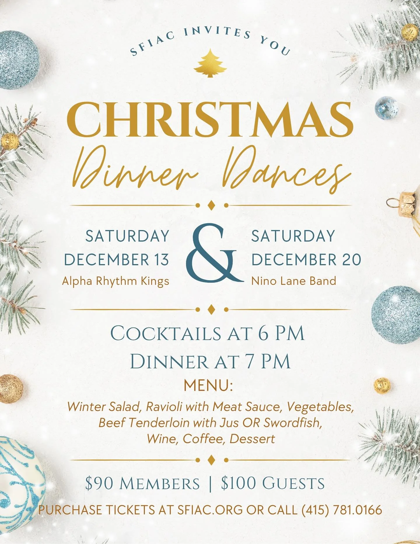 Celebrate Christmas at the Club.  NOTE the bands switched days from the original ad.  You may switch days if you already signed up.