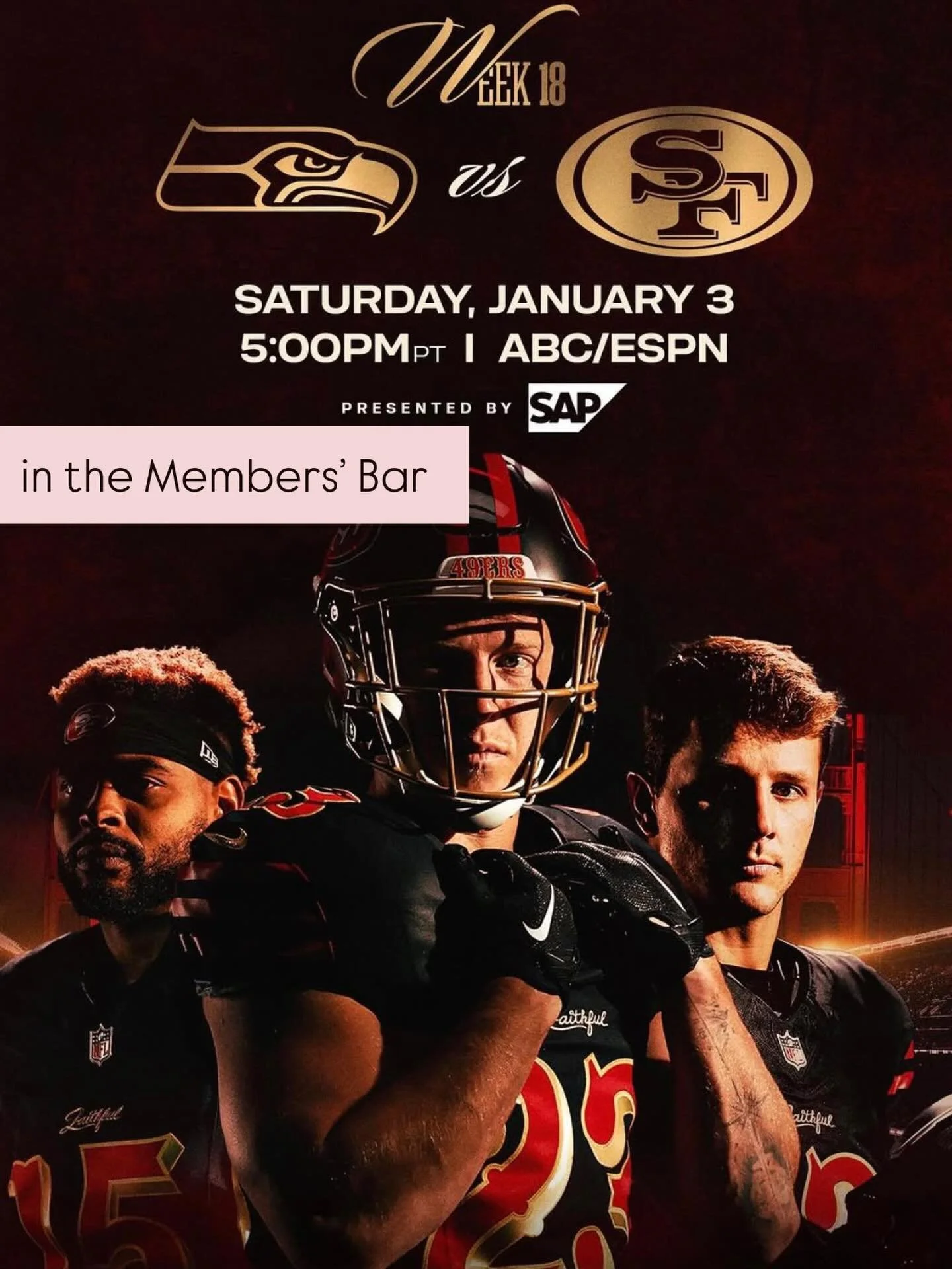 Join us SATURDAY in the MEMBERS&rsquo; BAR.  @49ers