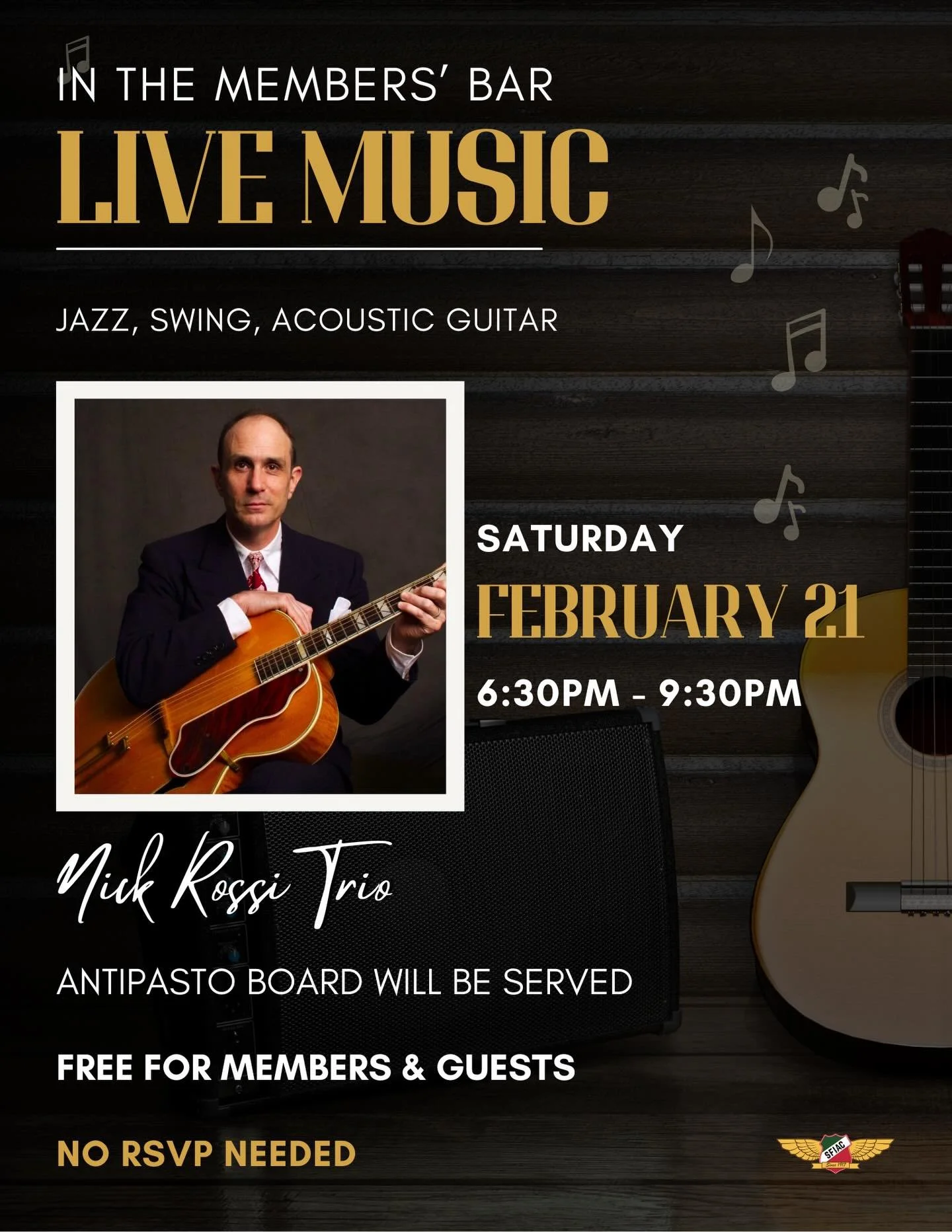 Save the date.  Complementary in the Members&rsquo; Bar to members and guests. 🎶🎶🎶