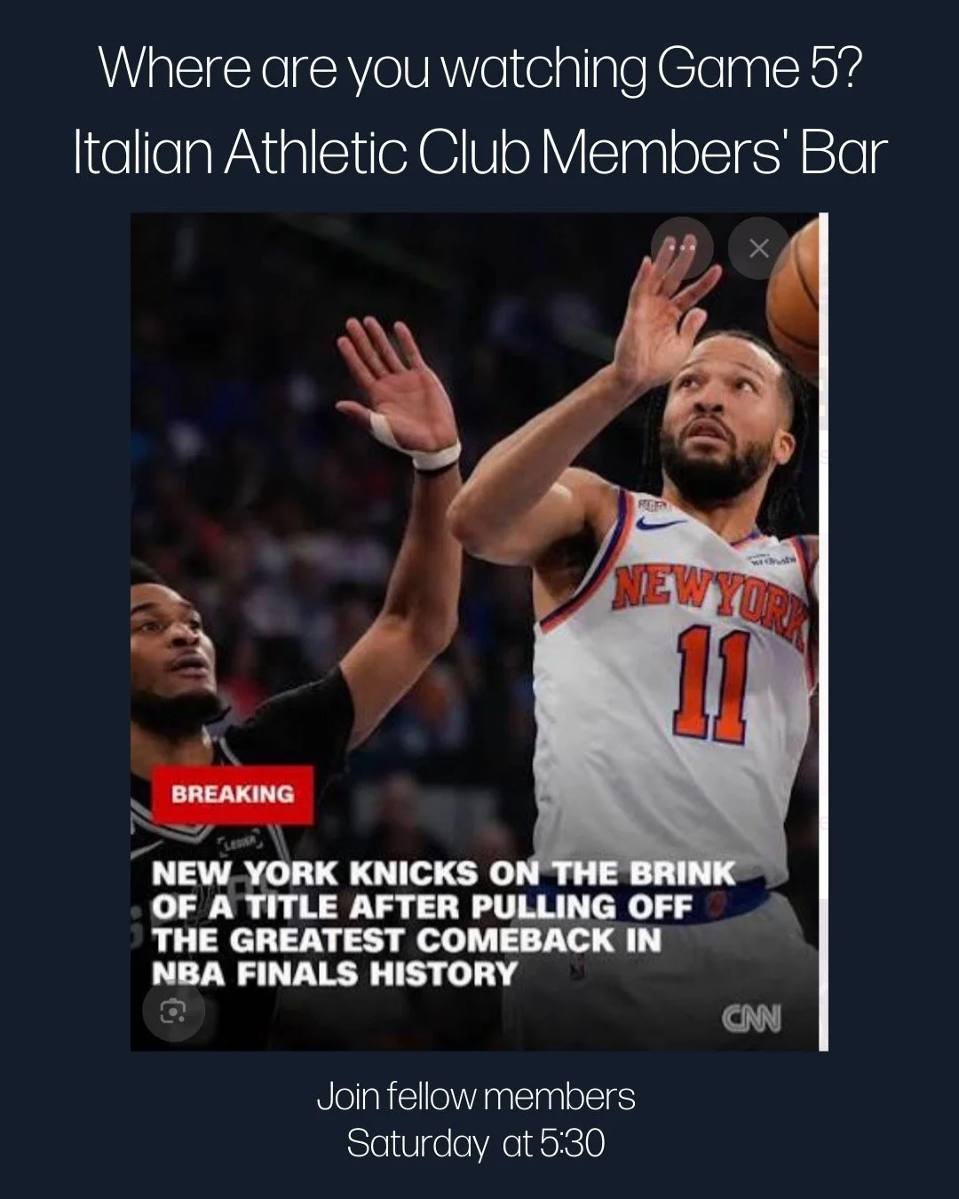 Join fellow ragazzi this Saturday for what is sure to be a legendary game. Game 4 was one for the history books. Don't miss game 5. Saturday at 5:30 in the Members' Bar. Members and their guests welcome. Best drinks in North Beach.