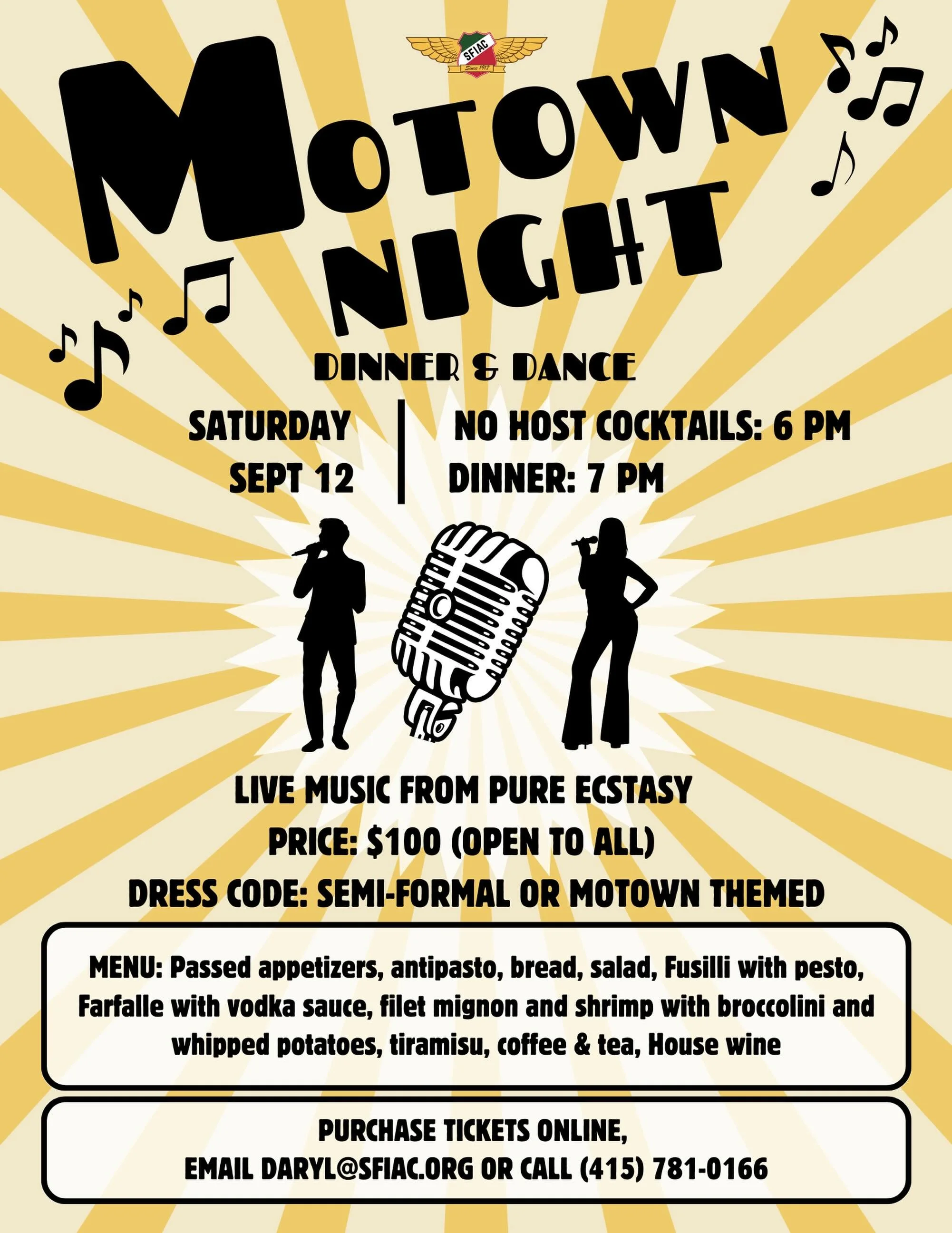 Join us for Motown night featuring @pureecstasymusic  Tickets on sale now.  www.sfiac.org.